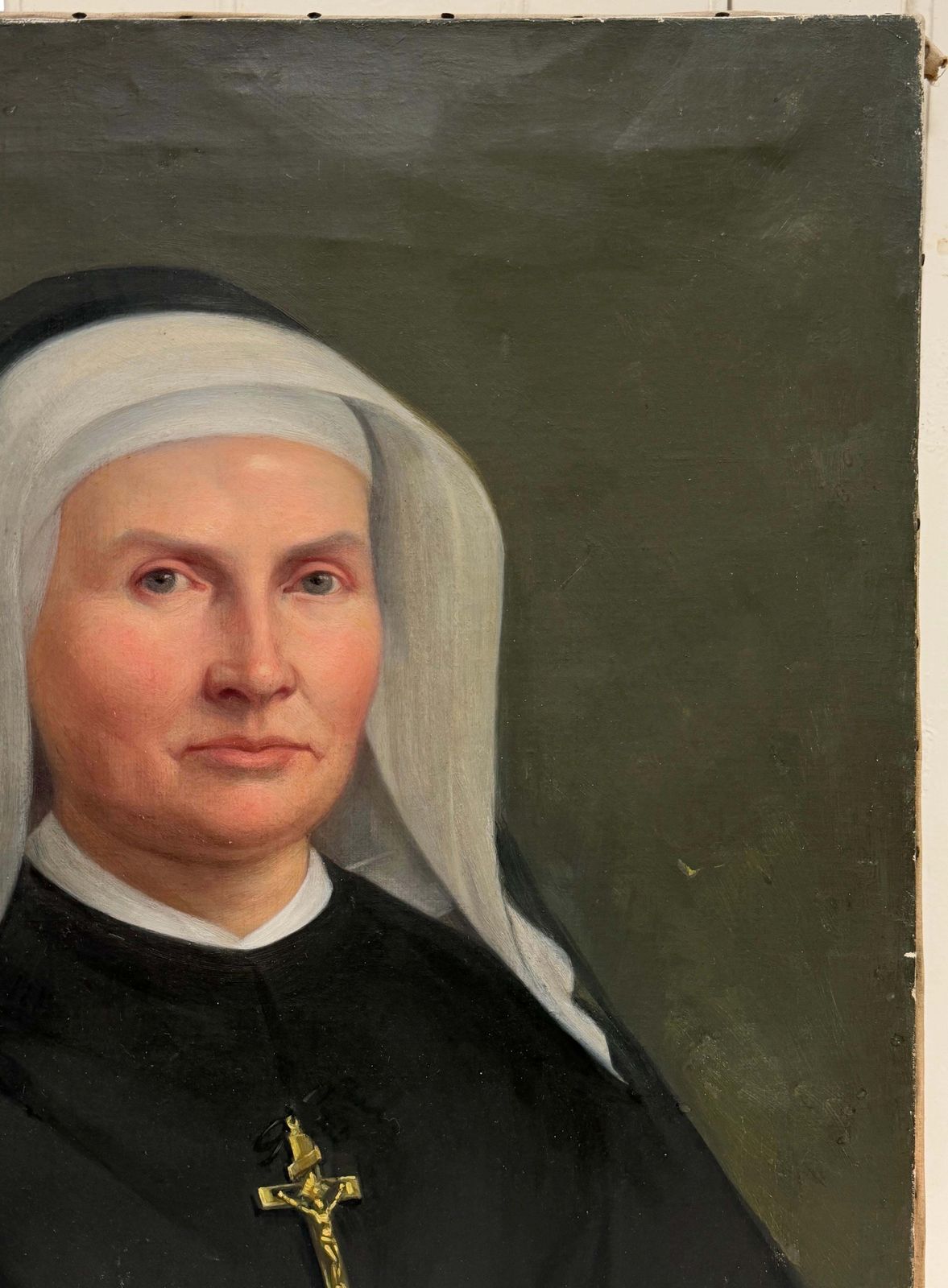 Antique French Portrait Of A Nun Wearing A Crucifix Oil Painting Dated 1885 photo vinterior