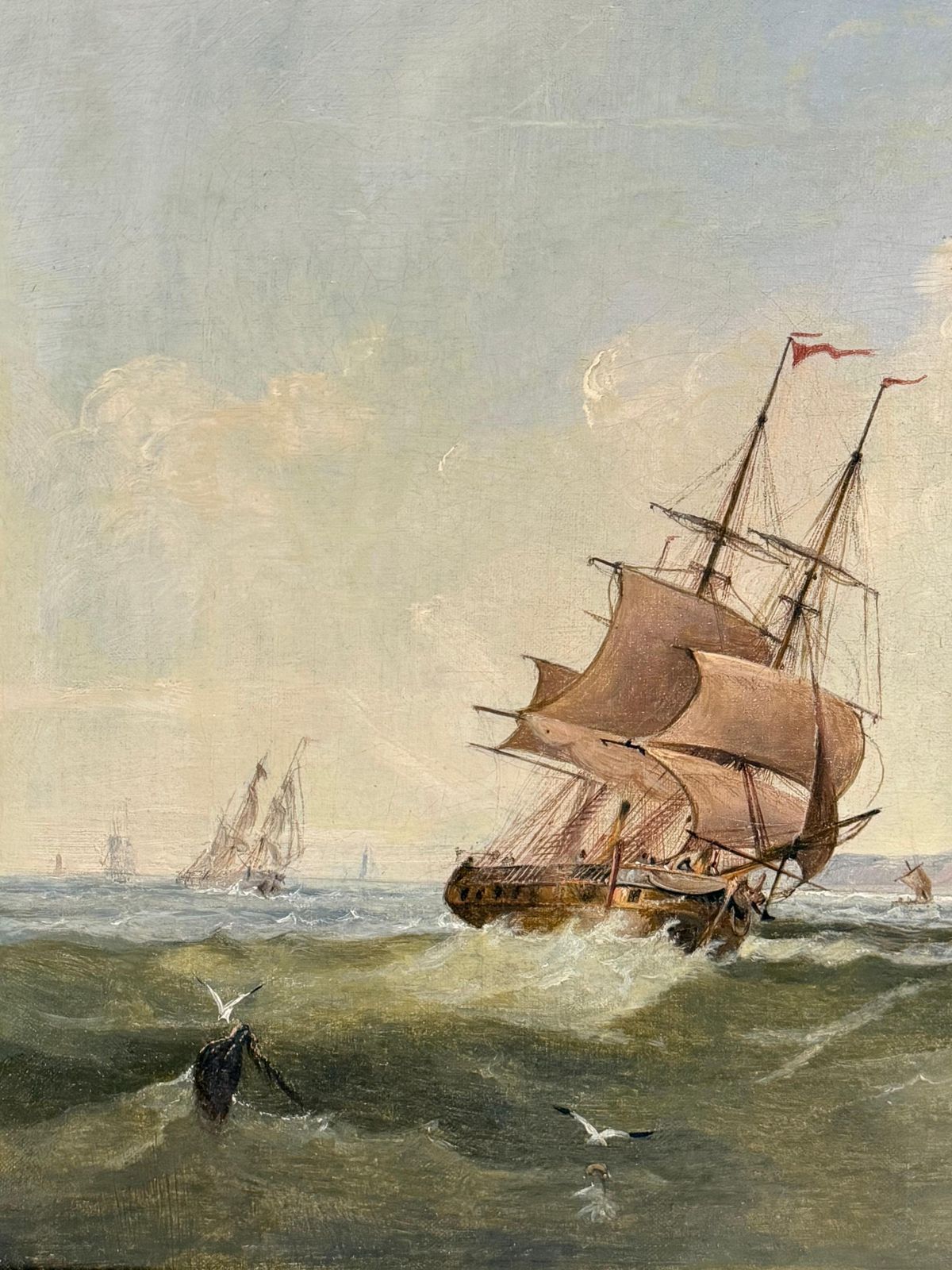 Peinture marine britannique du XIXe siècle, voiliers au large de Tynemouth Priory & Castle photo vintage