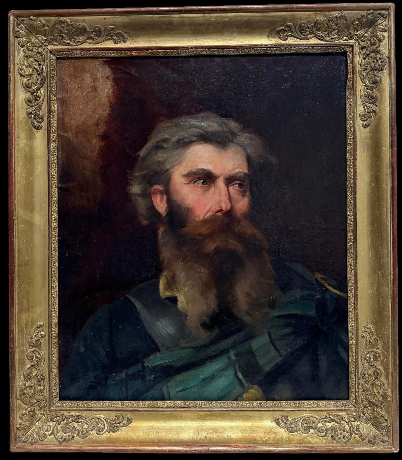 Portrait d'un gentleman barbu en vert, peinture à l'huile française du XIXe siècle