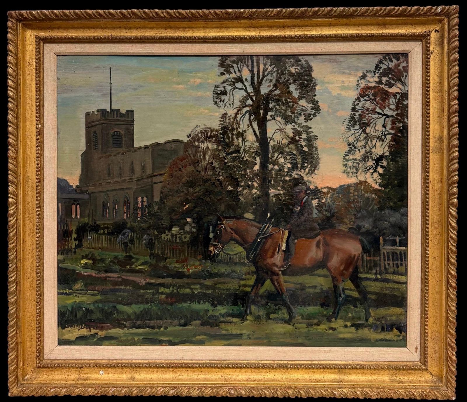 Gentleman à cheval près d'une église de village, peinture équestre britannique à l'huile