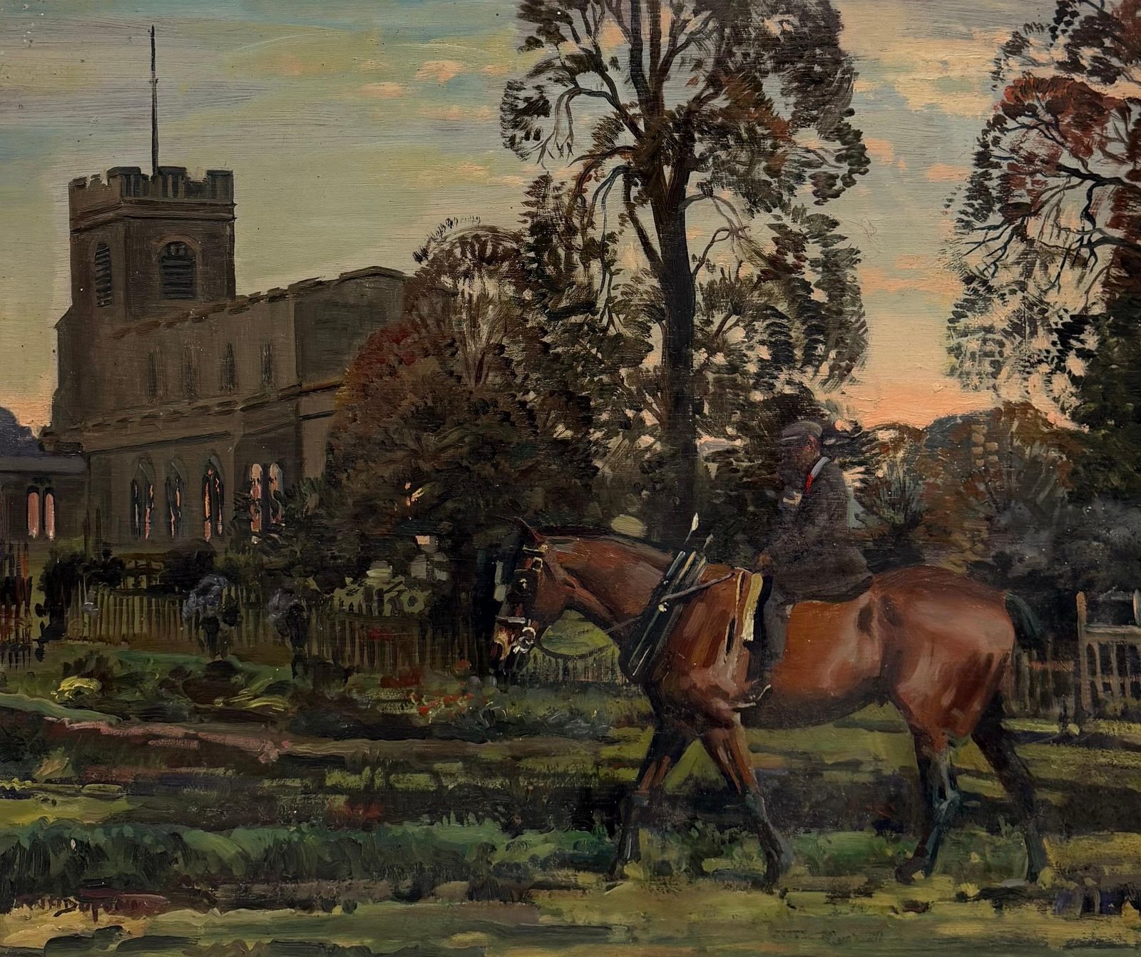 Gentleman à cheval près d'une église de village, peinture équestre britannique à l'huile photo furniture
