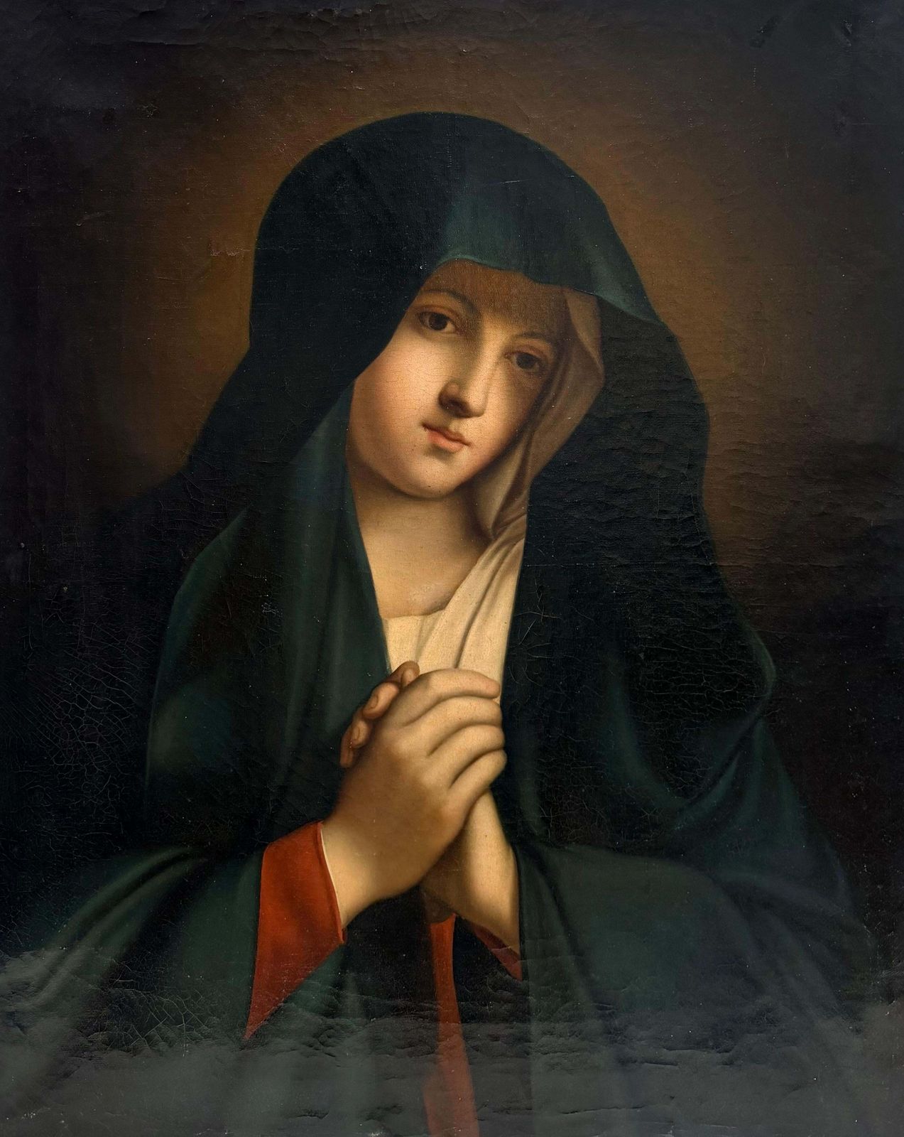 Tableau ancien de maître italien, huile sur toile, Madone des Douleurs