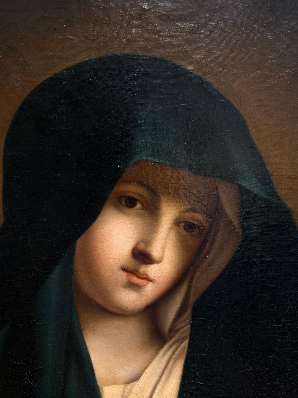 Tableau ancien de maître italien, huile sur toile, Madone des Douleurs photo Art