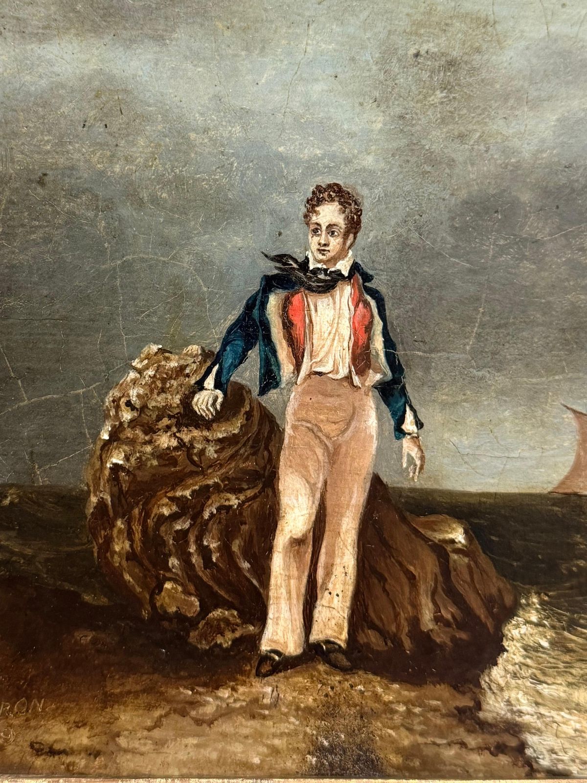 Lord Byron Standing On The Shore With Sailing Ship At Sea Antique Oil Painting photo 914.0