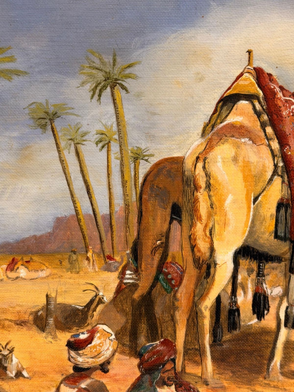 Art Arabes et chameaux dans un désert sous un ciel bleu nuageux, peinture orientaliste à l'huile photo