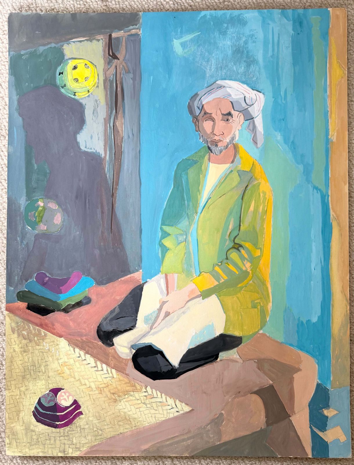 Moroccan Man Kneeling Mid Century French Modernist Figurative Gouache Painting photo furniture