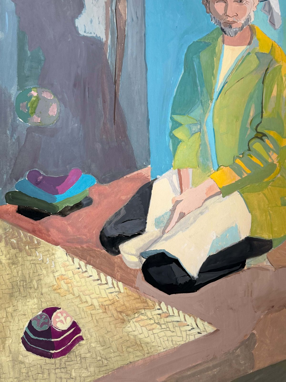 Homme marocain agenouillé, gouache figurative moderniste française mid-century photo vinterior
