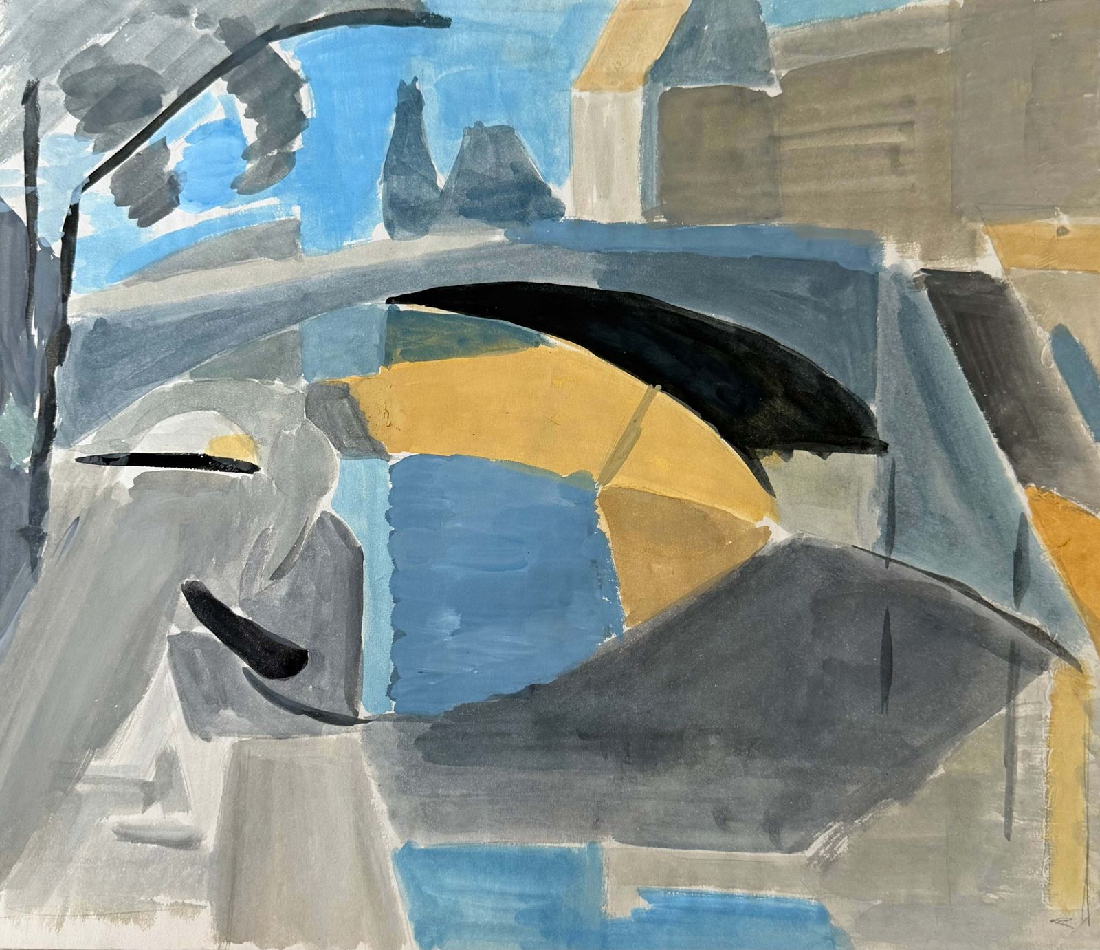Paysage cubiste français, années 1950, gouache représentant une rivière, un pont et des bâtiments urbains