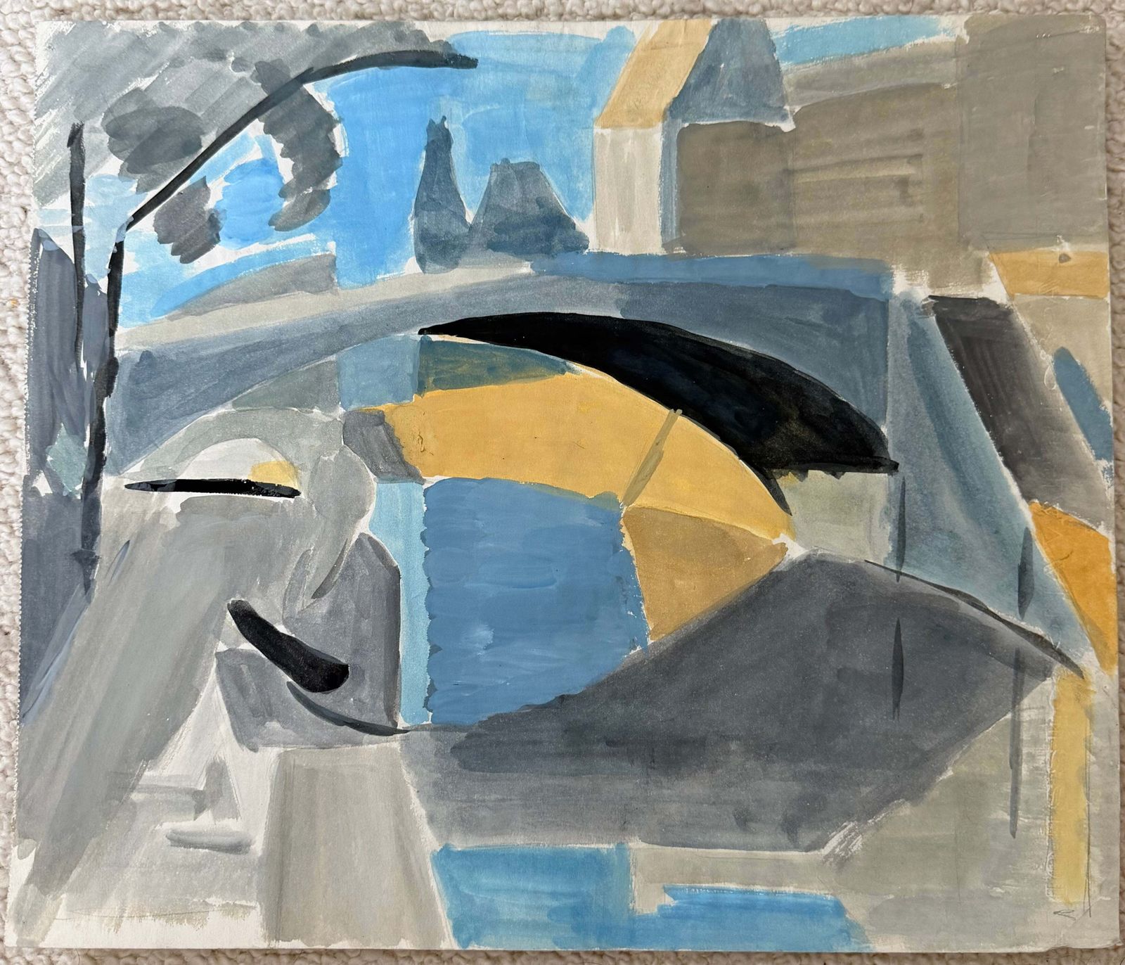 Paysage cubiste français, années 1950, gouache représentant une rivière, un pont et des bâtiments urbains photo furniture