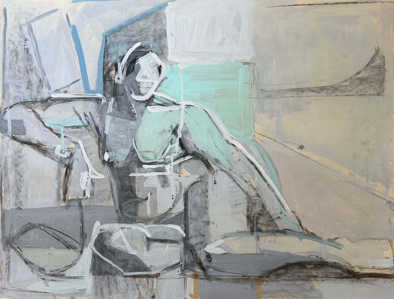 Turquoise Cubist Seated Female Figure French Modernist Gouache Painting