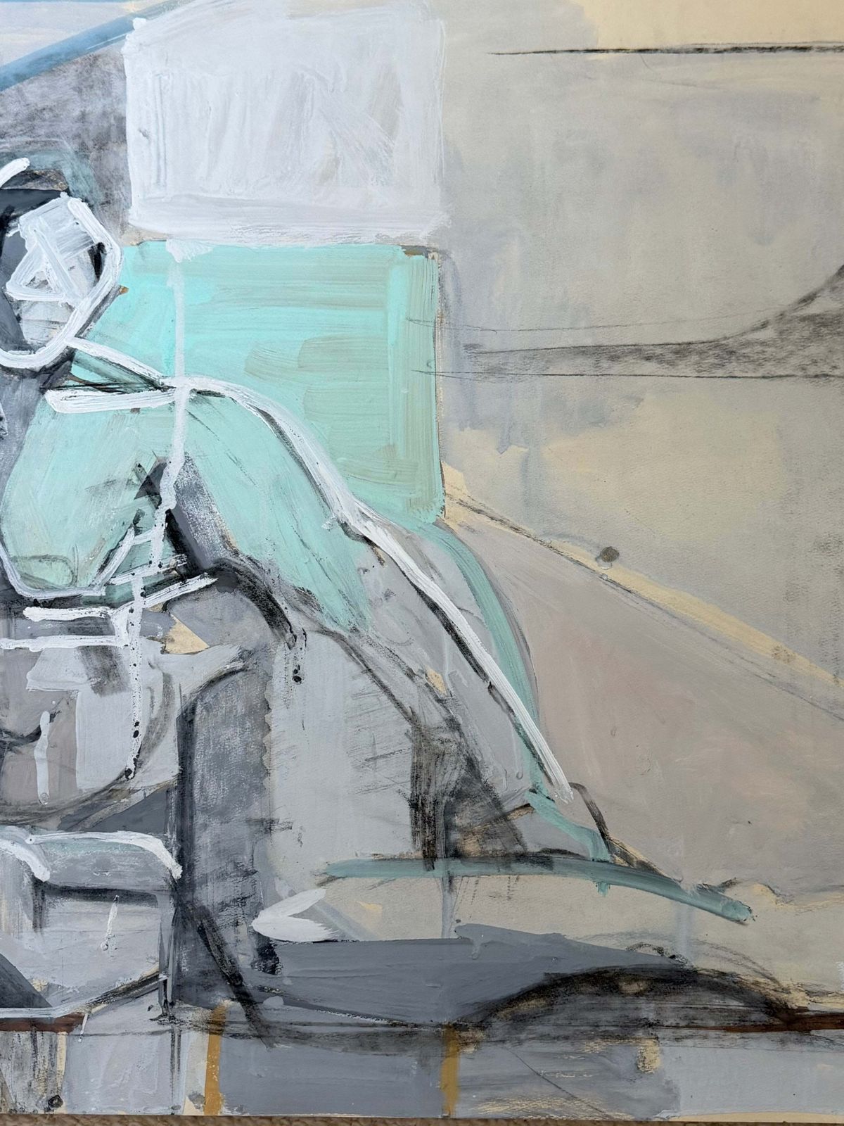 Turquoise Cubist Seated Female Figure French Modernist Gouache Painting photo Art