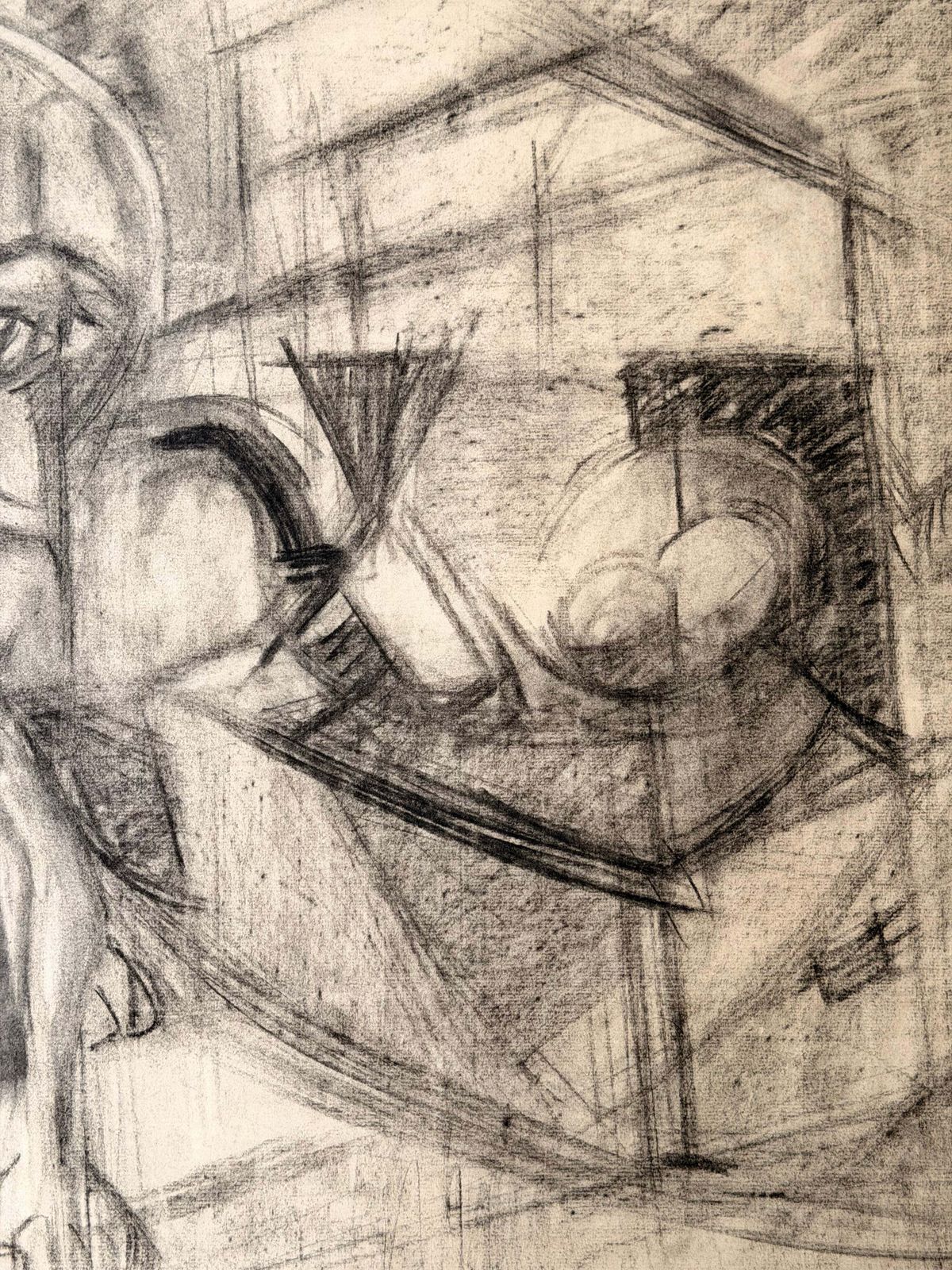 Nu masculin allongé cubiste dans un intérieur, dessin au fusain moderniste français photo for sale