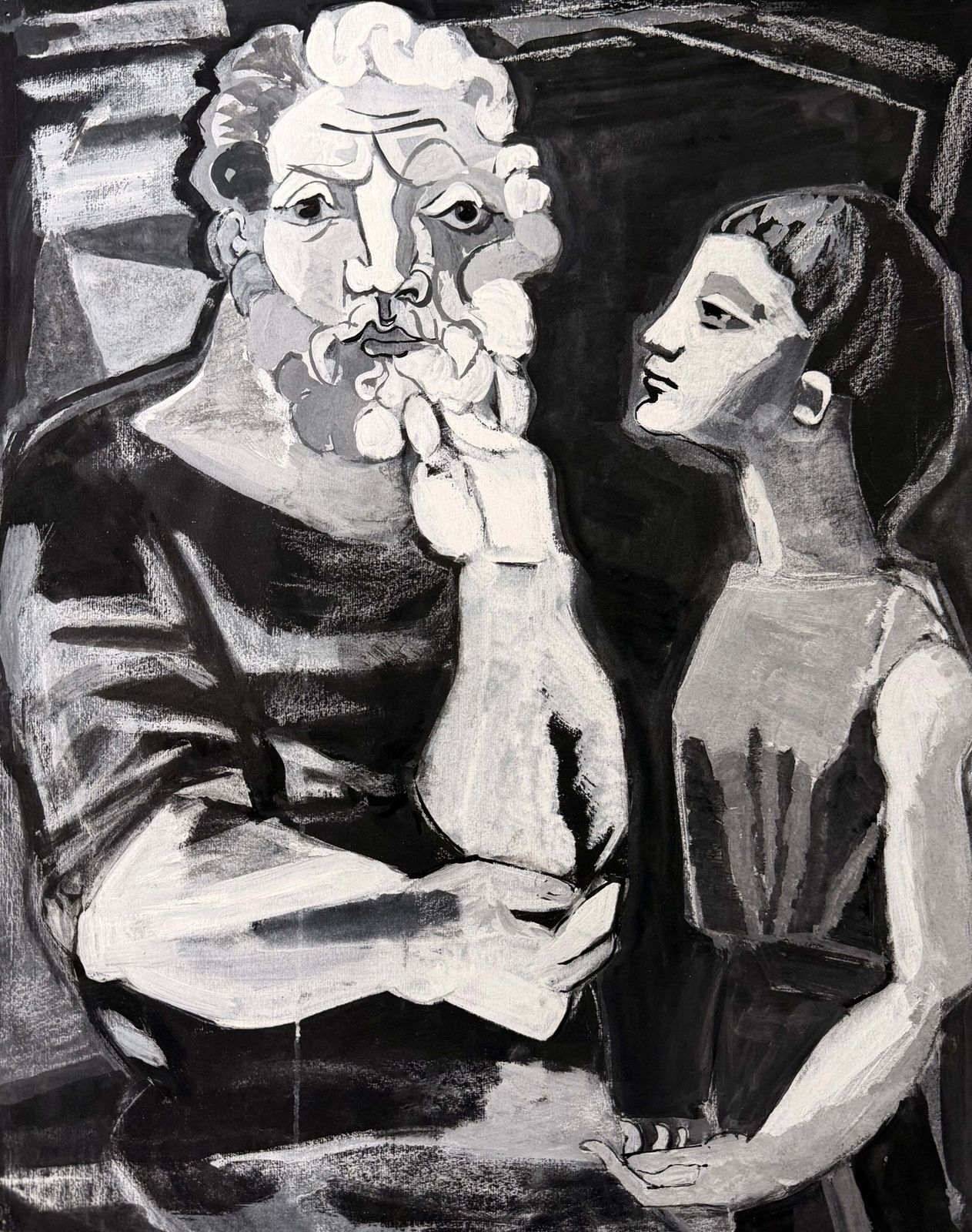 1950's Bearded Man & Woman French Cubist Figurative Painting Picasso Style