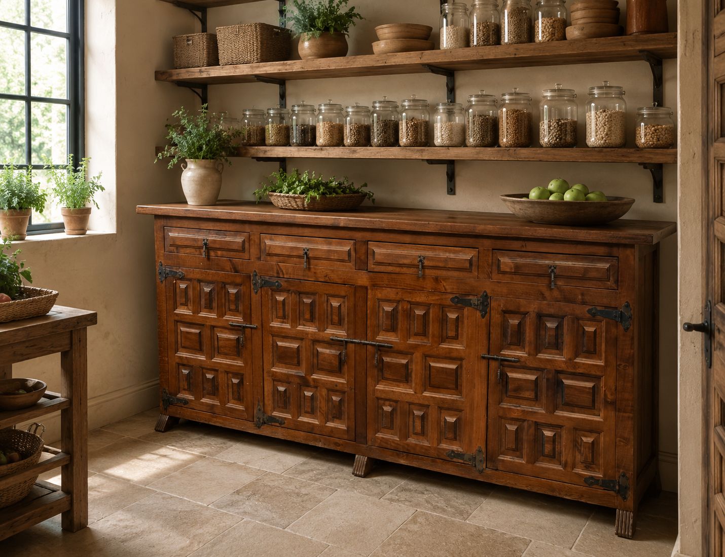 Buffet espagnol rustique en bois sculpté avec ferrures forgées à la main, XXe siècle photo furniture