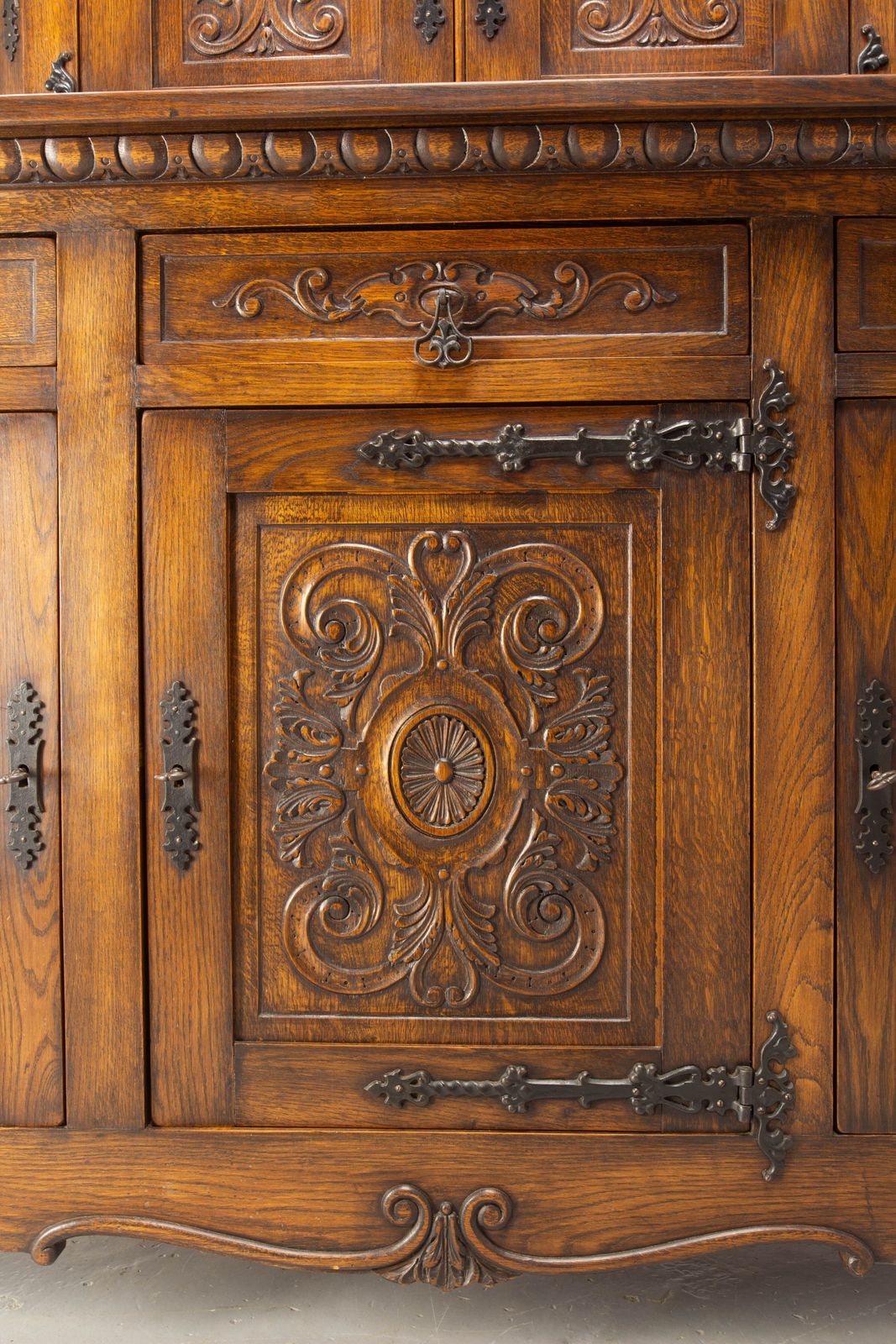 Spanish Huge Oak & Wrought Iron Buffet Carved Sideboard Circa 1960 photo vinterior