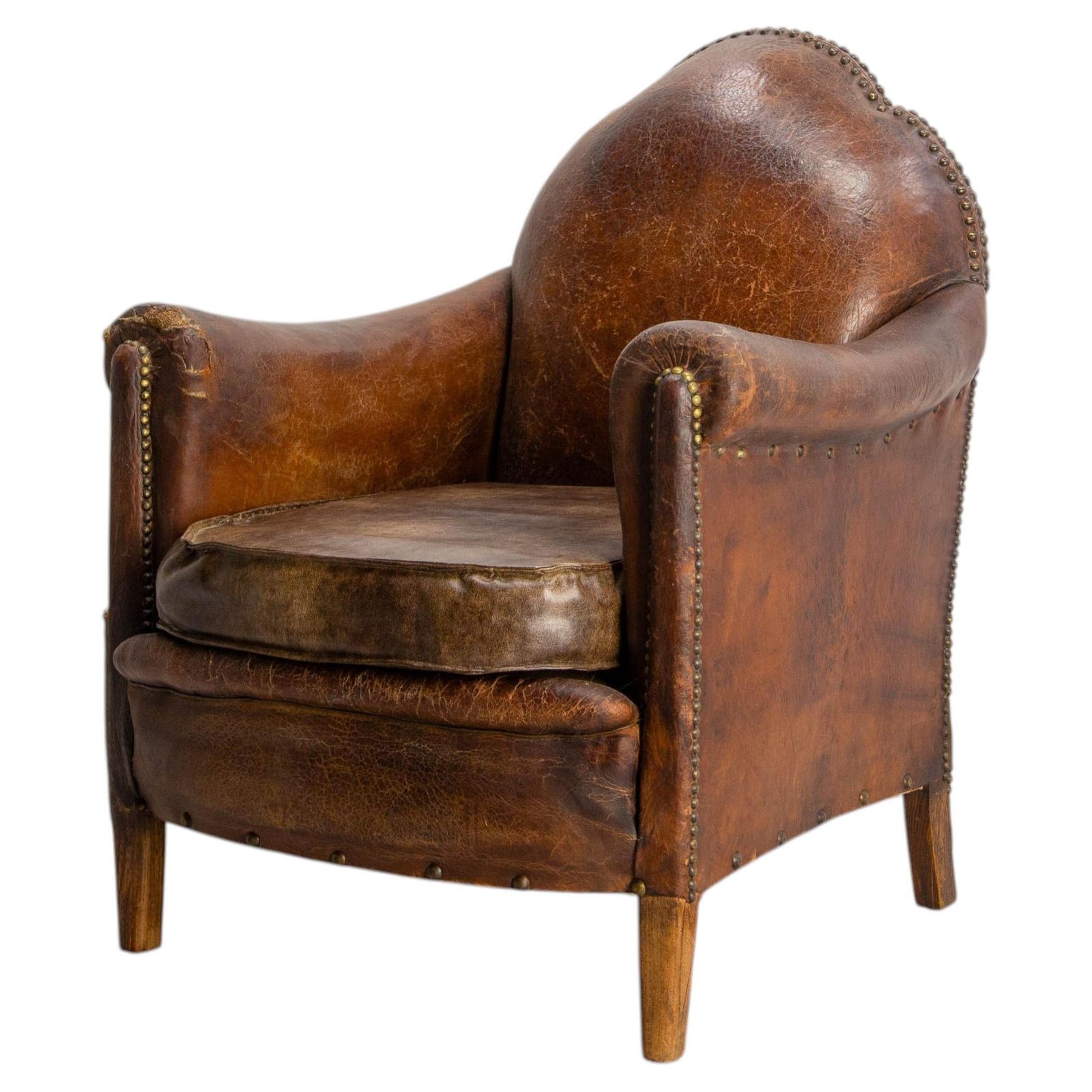 Fauteuil club Art déco d'époque en cuir et skaï à clous, français, vers 1920