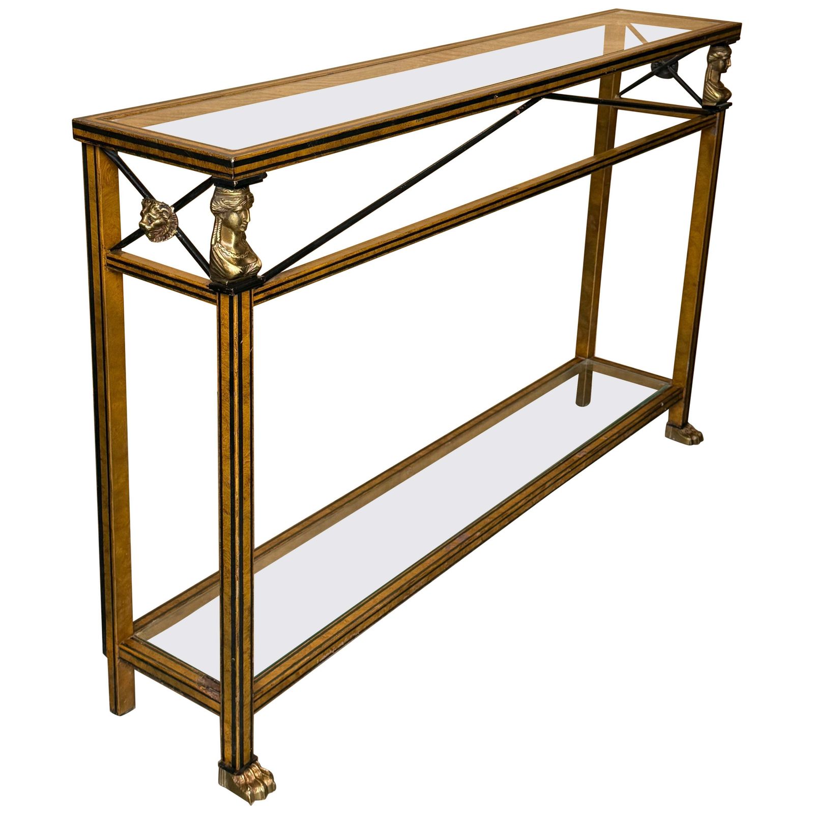 Console néoclassique en laiton, acier et verre dans le style Maison Jansen, France, vers 1960