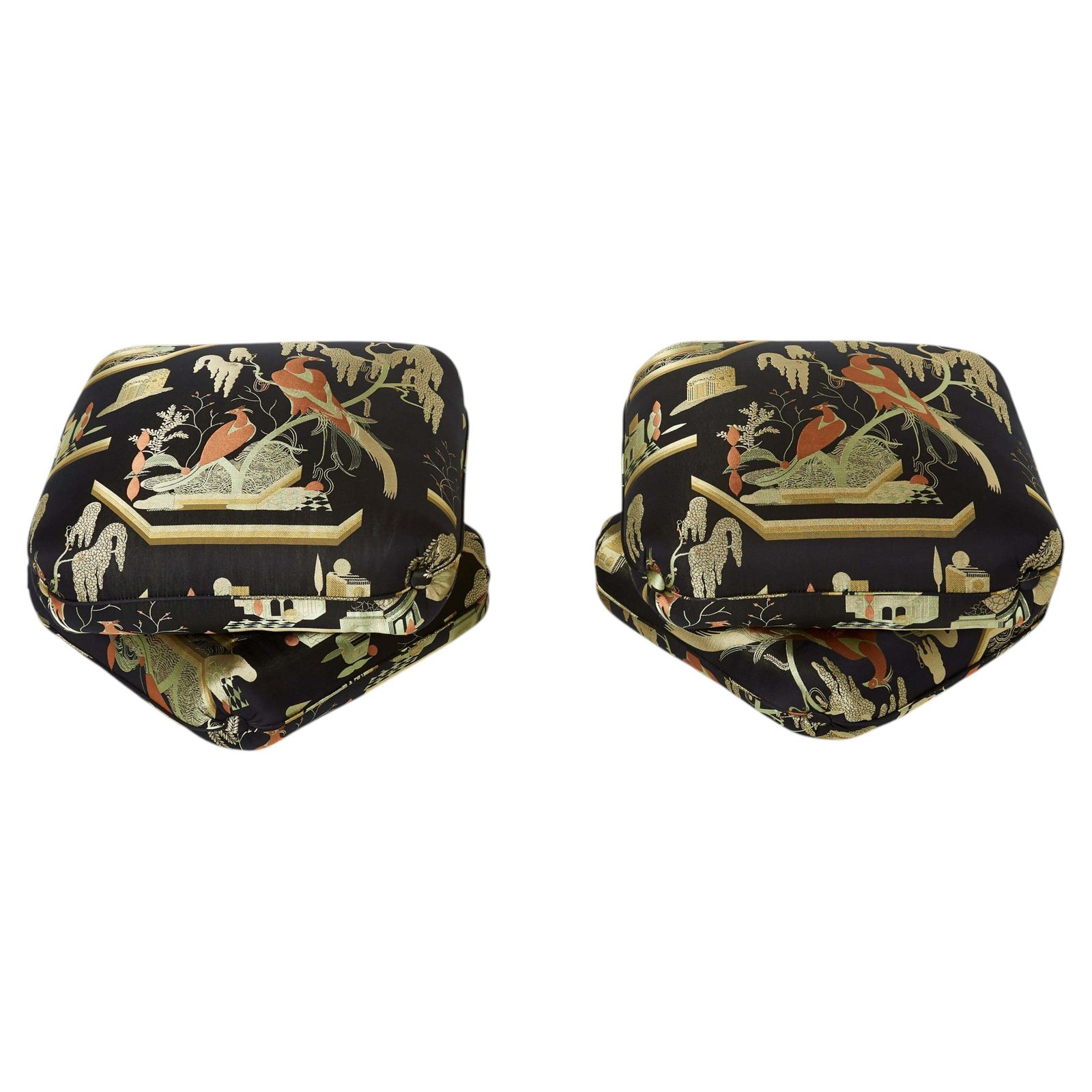 Paire de poufs Jacques Charpentier pour Maison Jansen en soie Jacquard, années 1970