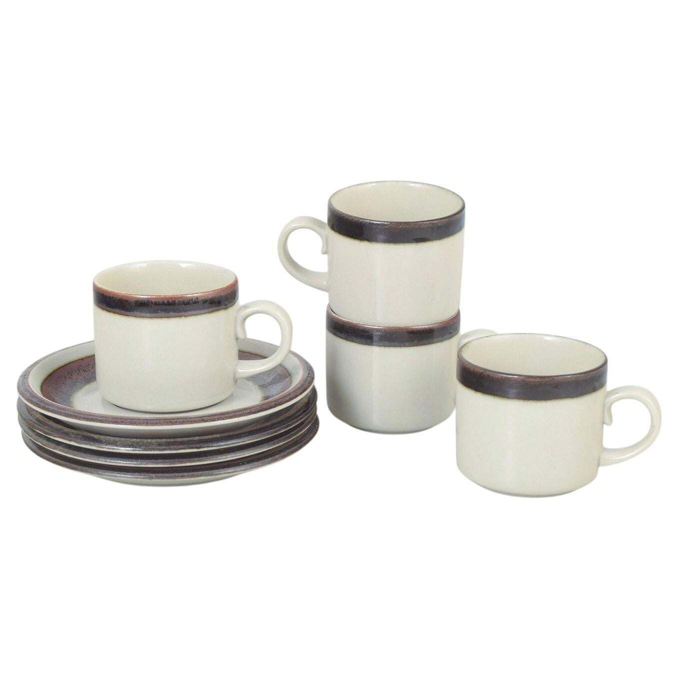 Arabia. Set Of Four Tea Cups With Saucers In Stoneware. "Karelia" Series. 1970s