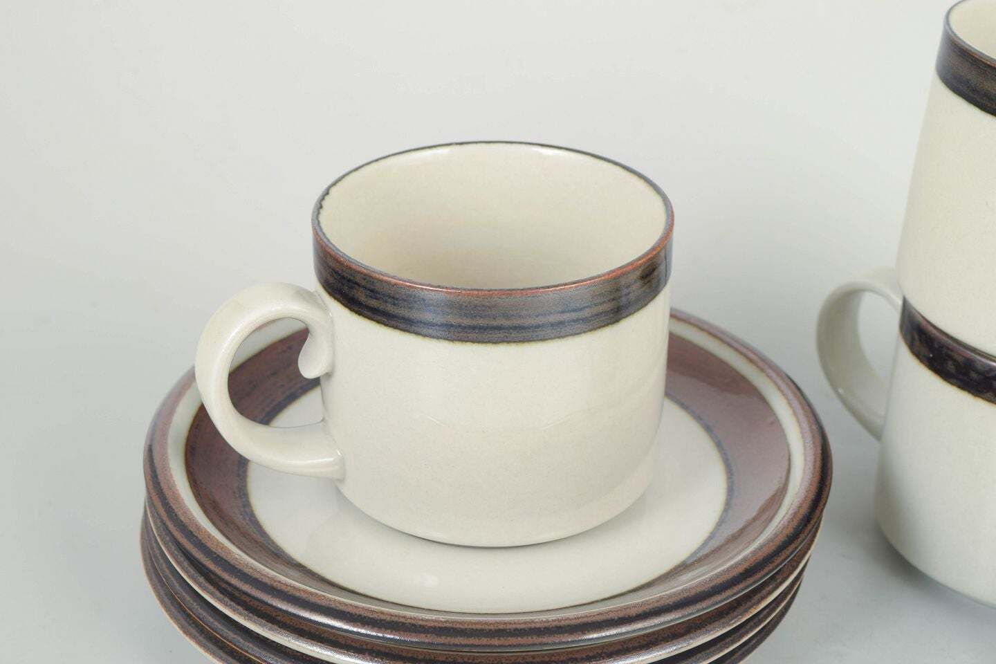 Arabia, Finland. Set Of Four Large "Karelia" Coffee Cups With Saucers. 1970s photo for sale