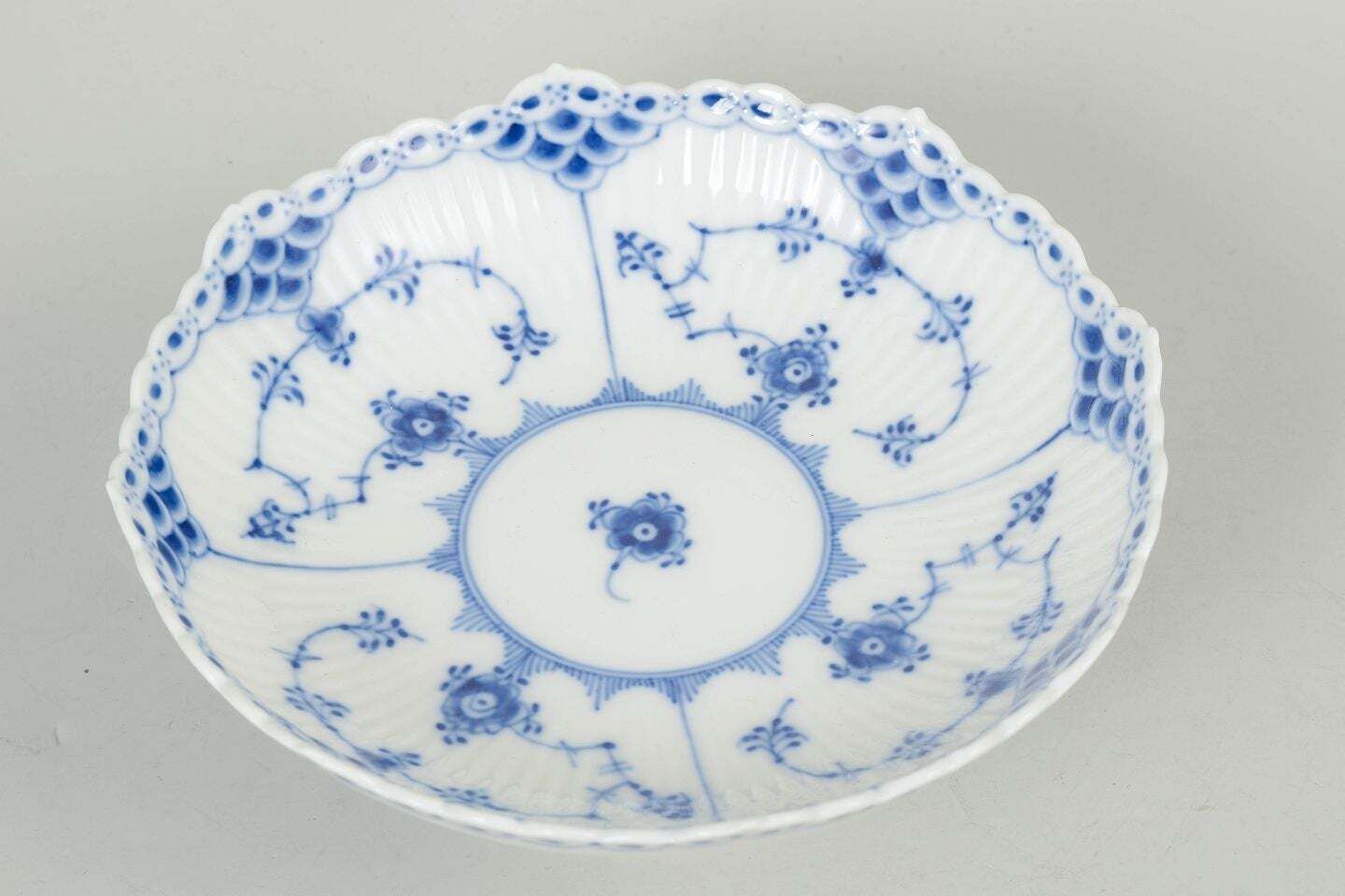 Royal Copenhagen, Blue Fluted Half Lace. Low Porcelain Bowl On Foot. 1965 photo furniture