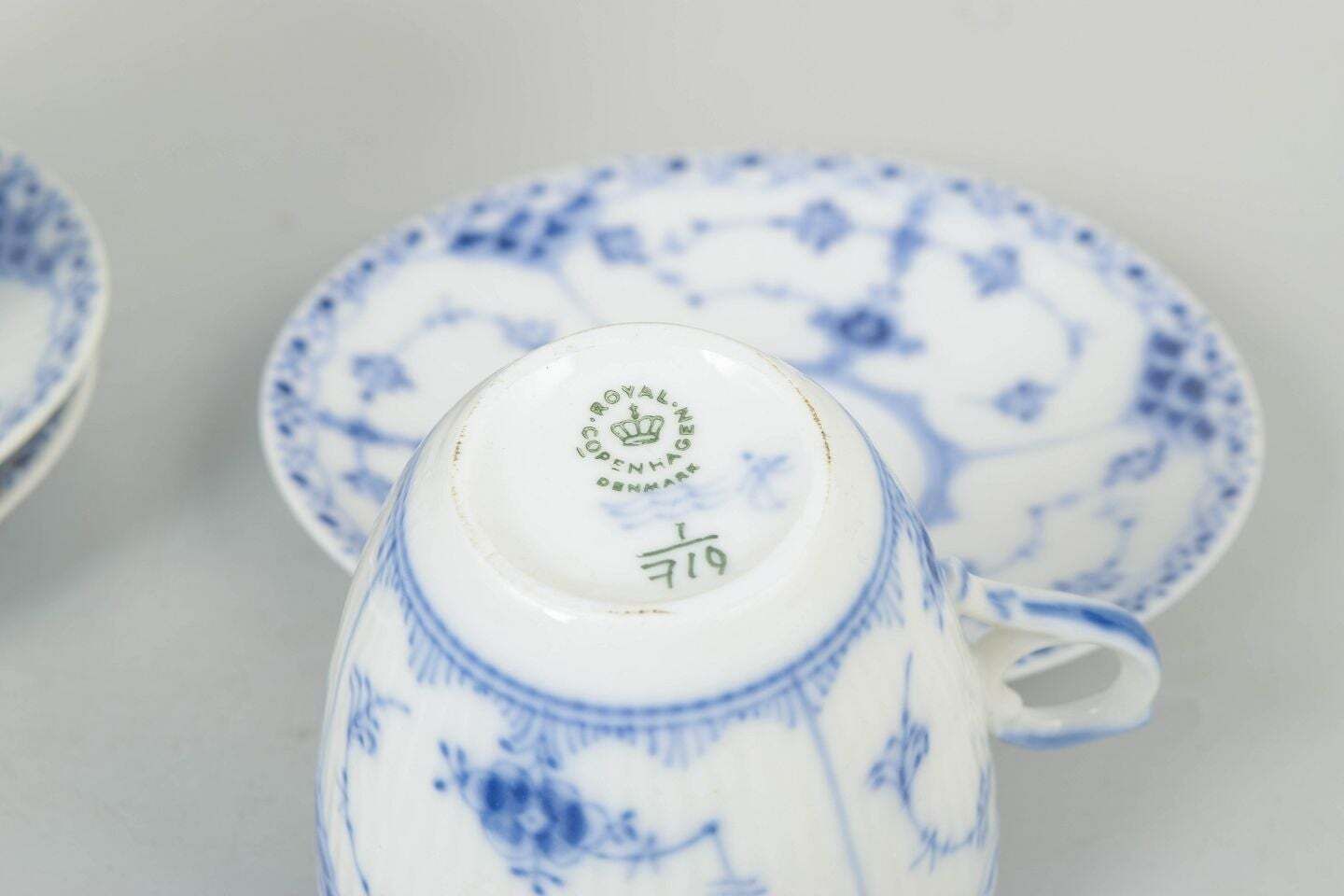 Royal Copenhagen, Blue Fluted Half Lace. Set Of Three Coffee Cups With Saucers. photo Home Decor