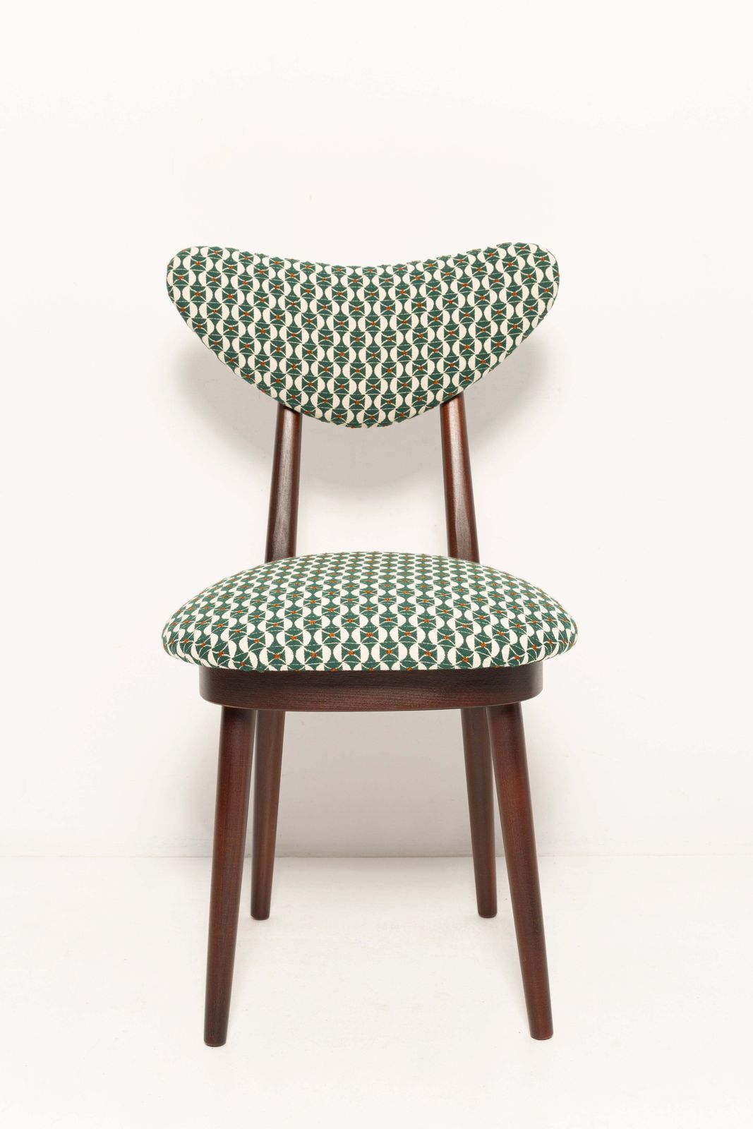 photo for sale Six Mid Century Heart Chairs, White And Green Art Deco Jacquard, Europe, 1960s