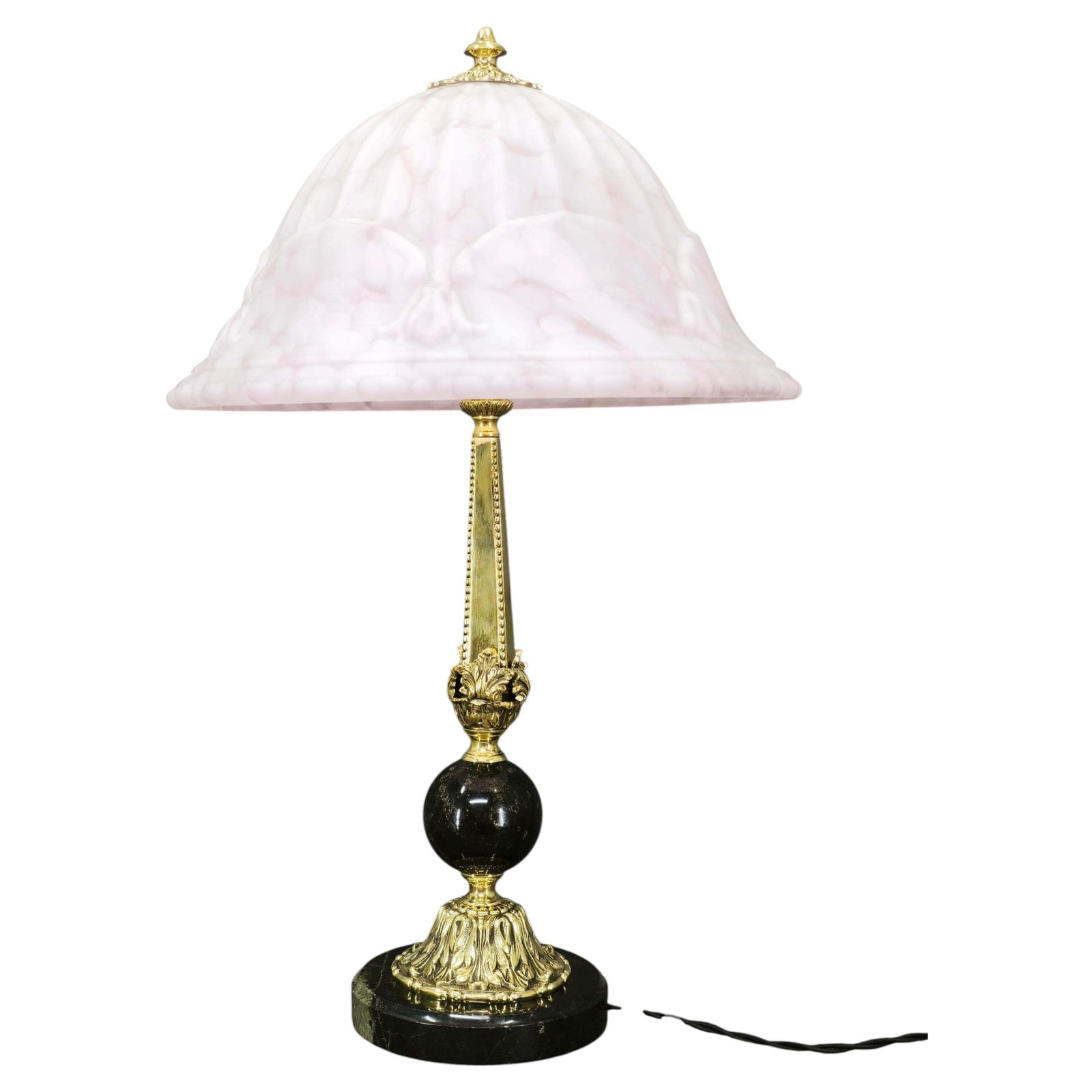 Lampe de table Art Nouveau française en laiton, marbre et verre opaline, années 1920