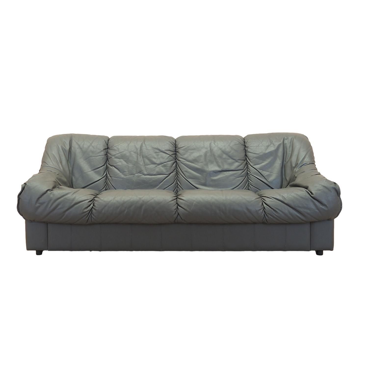 Italian Three Seater Sofa In Grey Natural Leather, 1970s, Italian Modern Design
