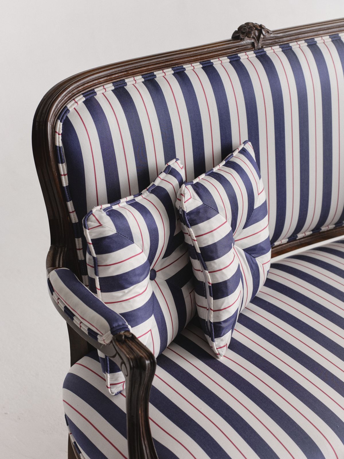 Small Mahogany Settee, Reimagined In With Nothing Underneath Striped Tencel™ Lyocell photo furniture