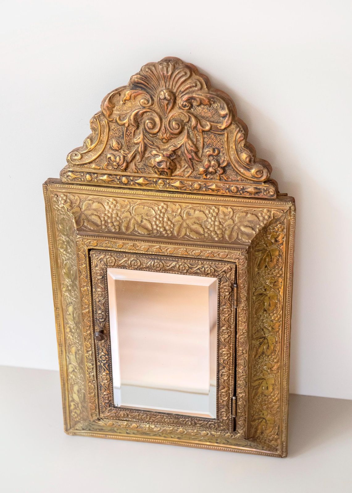 Antique French Brass Vanity Mirror Cabinet – Repoussé Floral Crest – Louis XV Revival photo 292.0