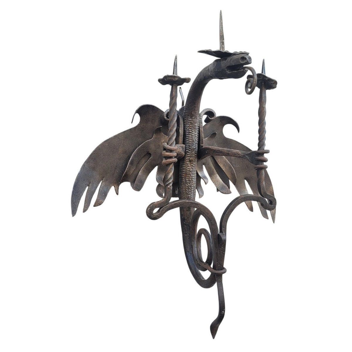 In The Mazzucotelli Style, 2 Wrought Iron Dragon Wall Sconces  Early 20th Century