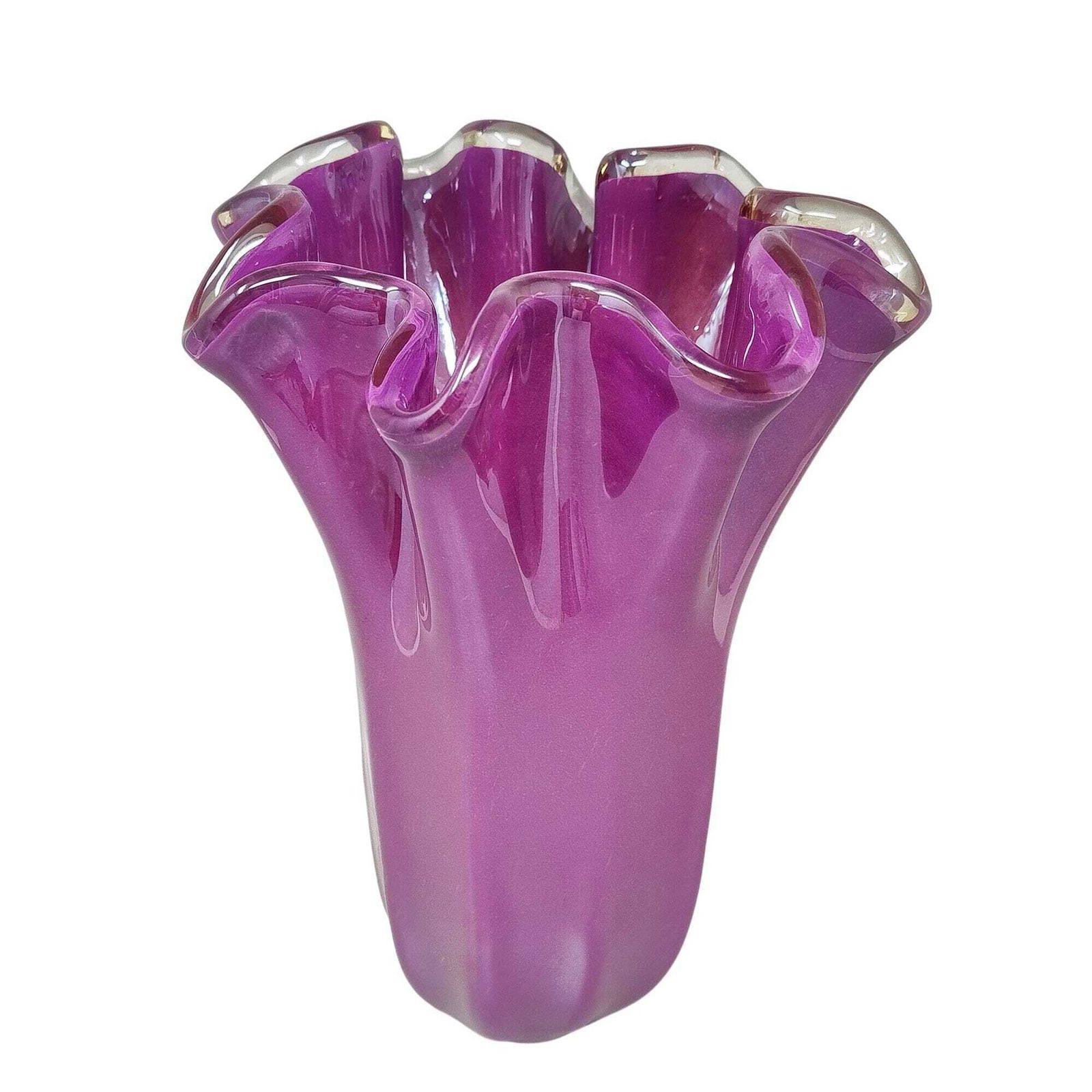 Vase fazzoletto en verre de Murano rose magenta Michielotto, années 1970.