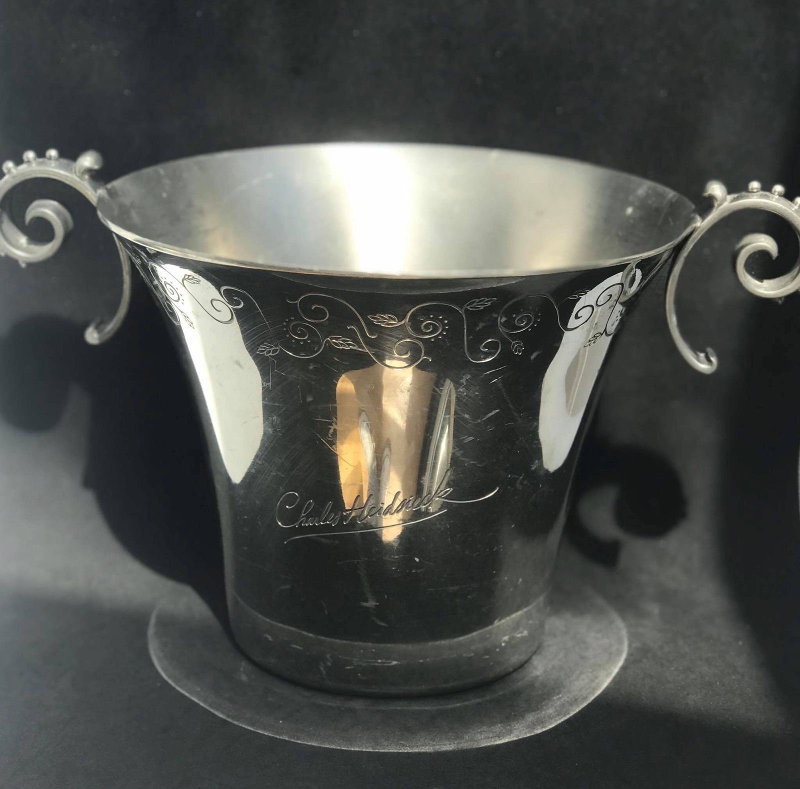 Vintage Charles Heidsieck Champagne Bucket: Pewter Wine Cooler, Bar Decor photo vinterior