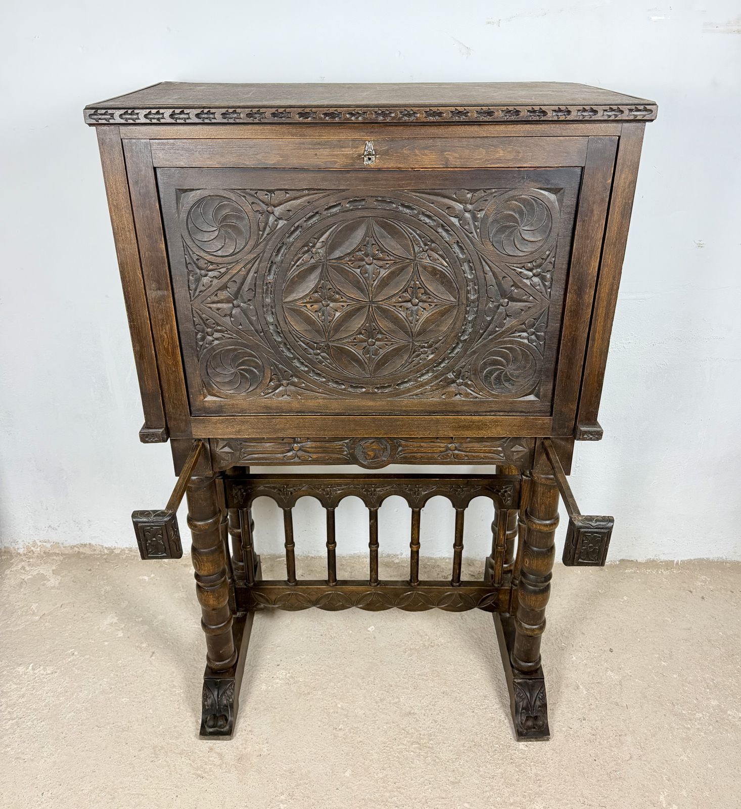 photo for sale Spanish Highly Carved Wood Cabinet Or Bargueño, 20th Century