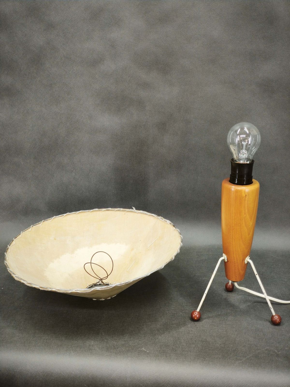 1960s Space Age Tripod Wood Table Lamp With Original Shade, Czechoslovakia photo vintage