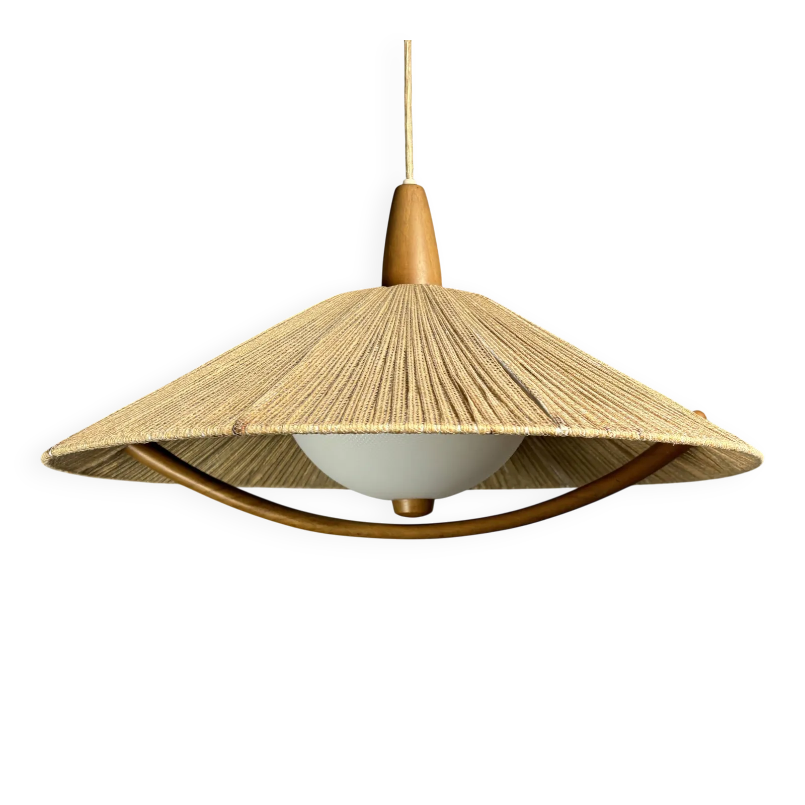 Large Mid Century Teak And Sisal Cord Hanging Pendant Lamp, 1960s