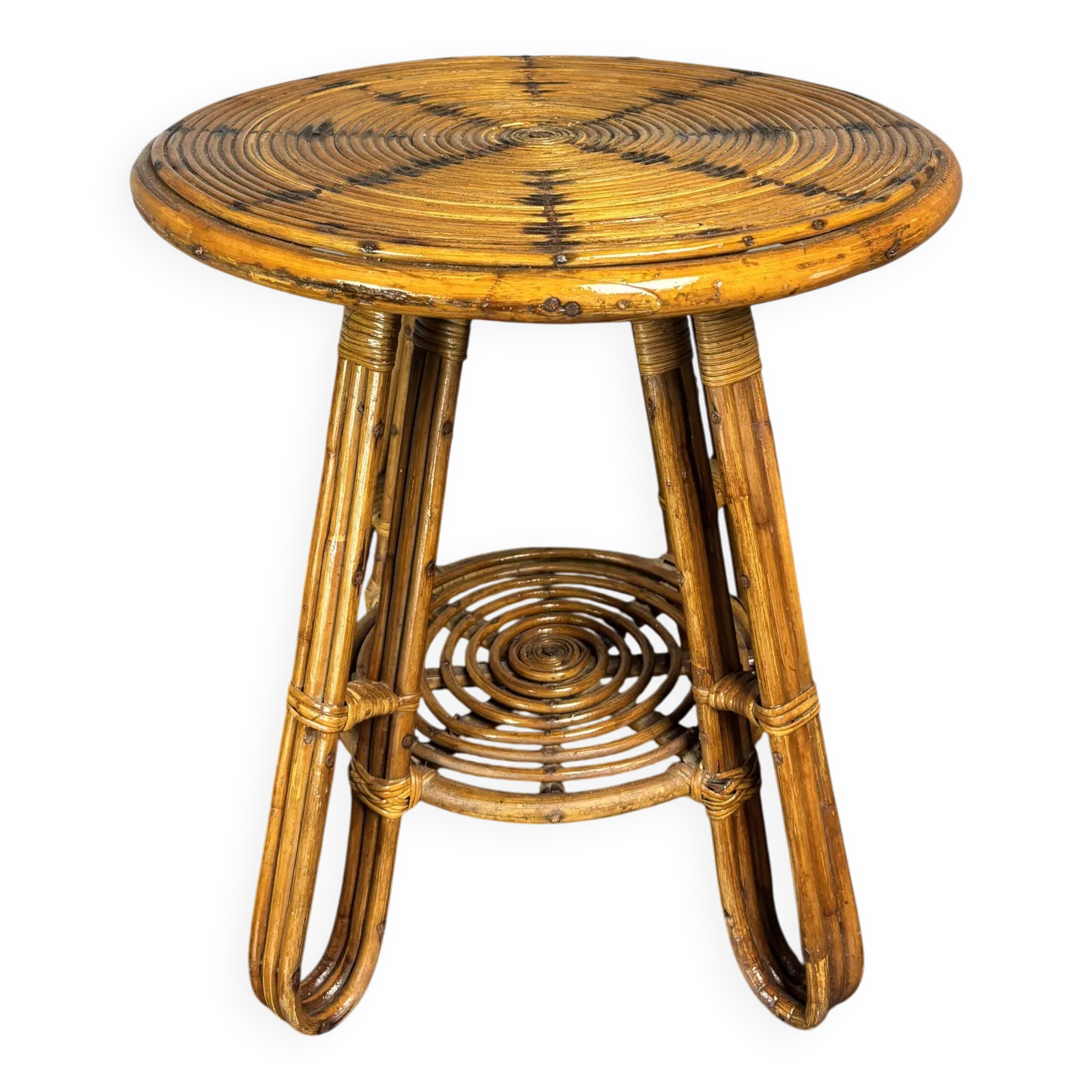 Table d'appoint mid-century italienne en rotin et jonc crayon, vers les années 1950