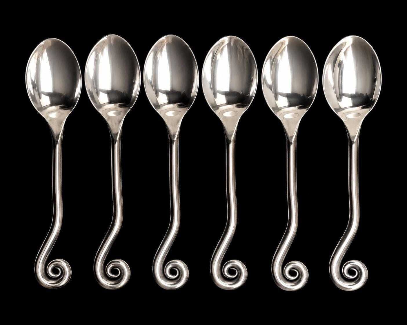 Lot de 6 petites cuillères Jean Dubost à extrémités torsadées, décor Brutalist, style médiéval