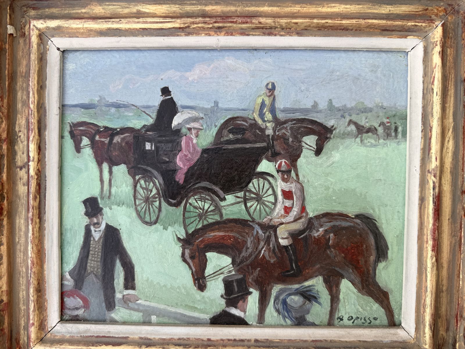 Peinture à l'huile équestre moderne espagnole avec jockeys et chevaux de calèche, Alfredo Opisso, 1970 photo furniture