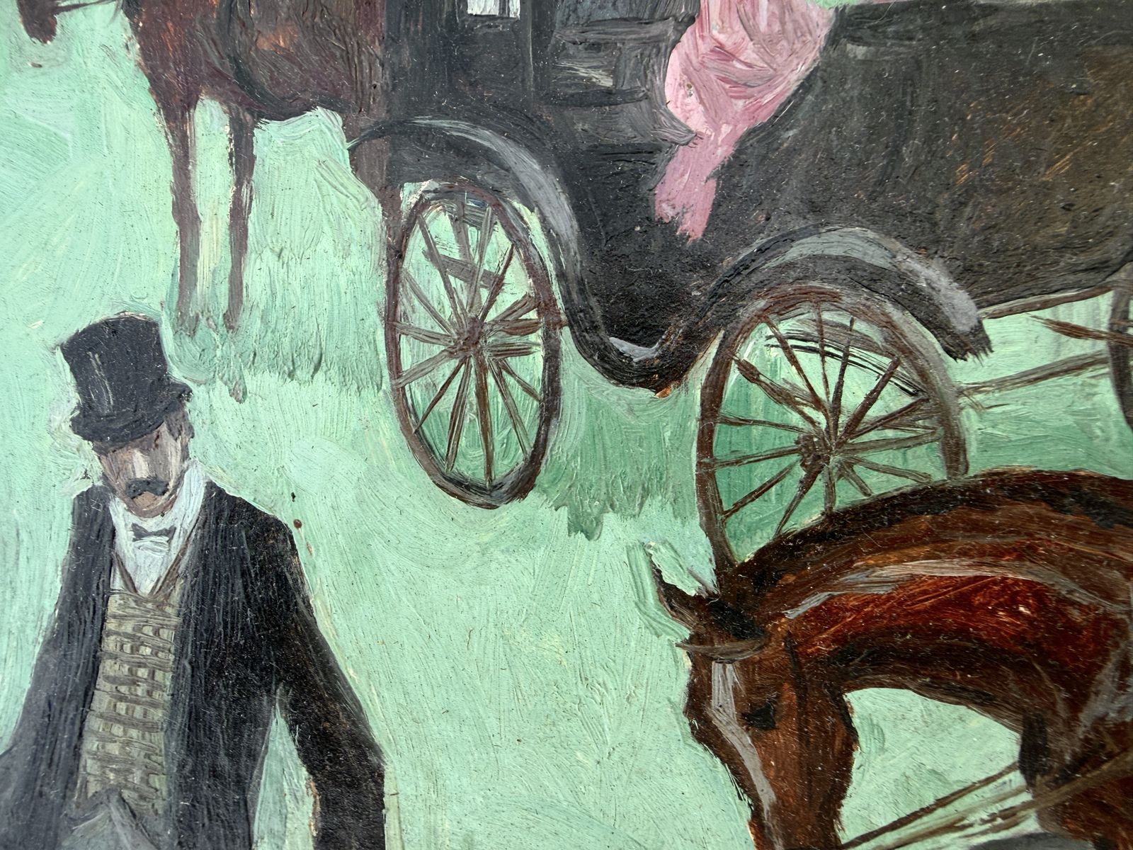 Peinture à l'huile équestre moderne espagnole avec jockeys et chevaux de calèche, Alfredo Opisso, 1970 photo buy