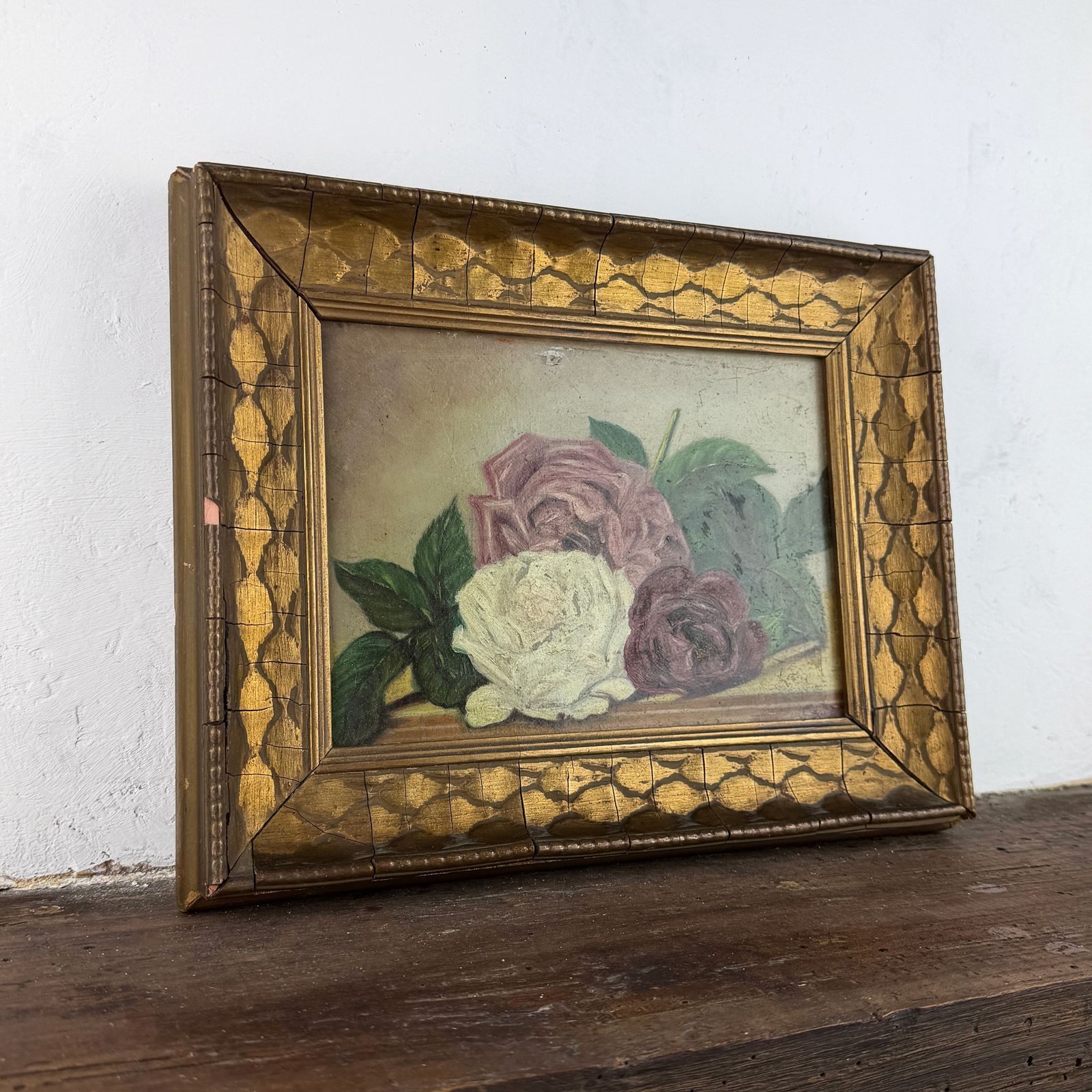 Antique Framed Painting, Original Floral Oil On Panel photo furniture