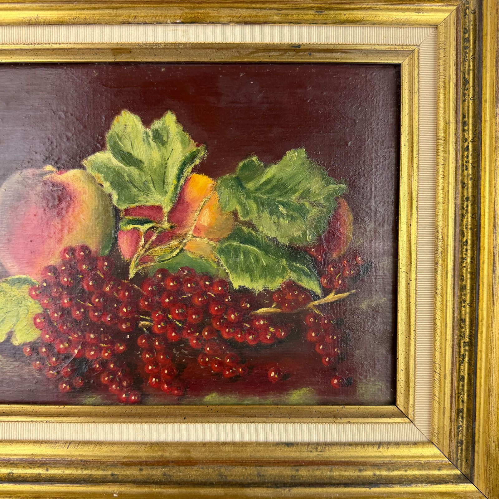 Vintage French Oil Painting Of Red Currants And Peaches, Framed Fruit Still Life, Original Signed Artwork photo vintage