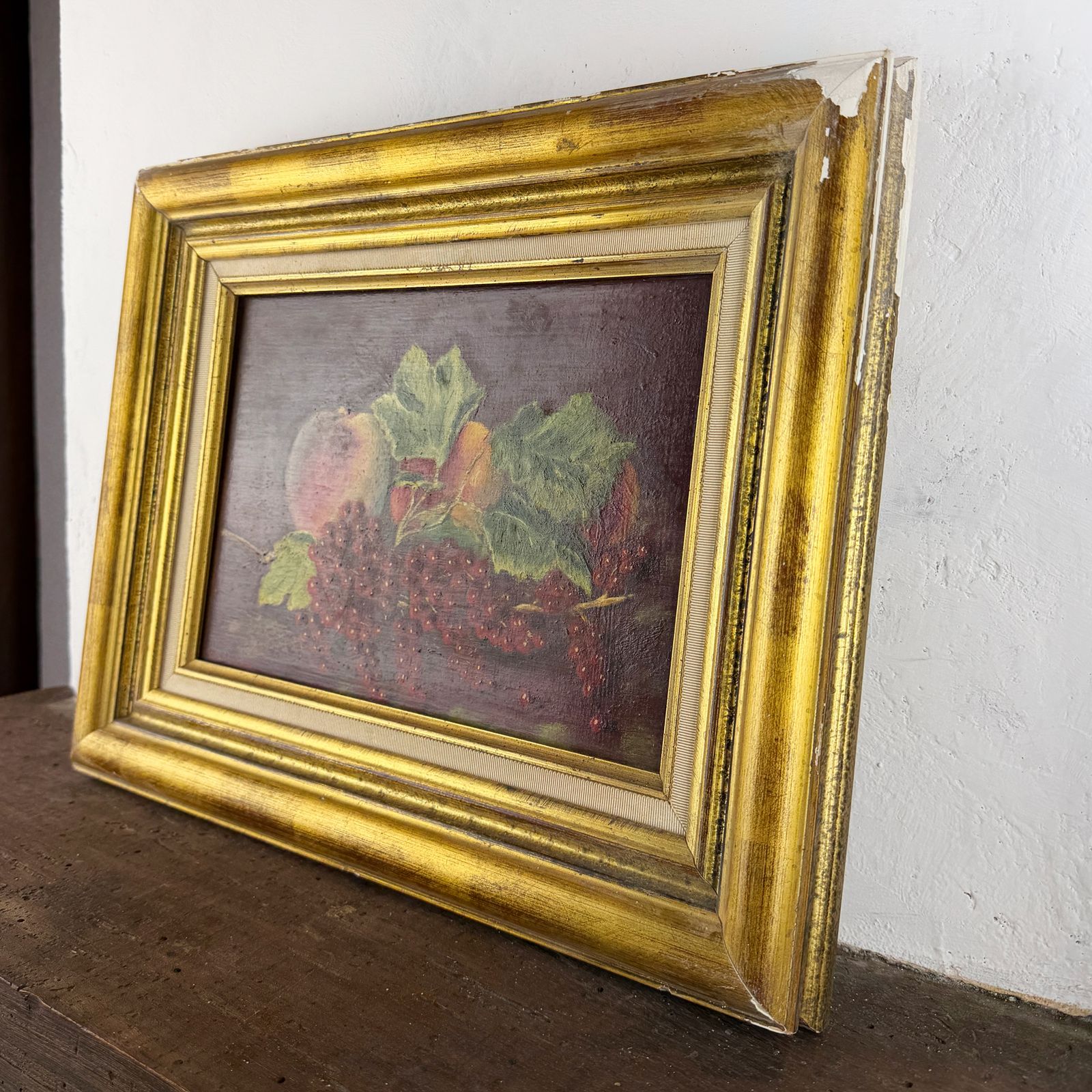 Vintage French Oil Painting Of Red Currants And Peaches, Framed Fruit Still Life, Original Signed Artwork photo Art