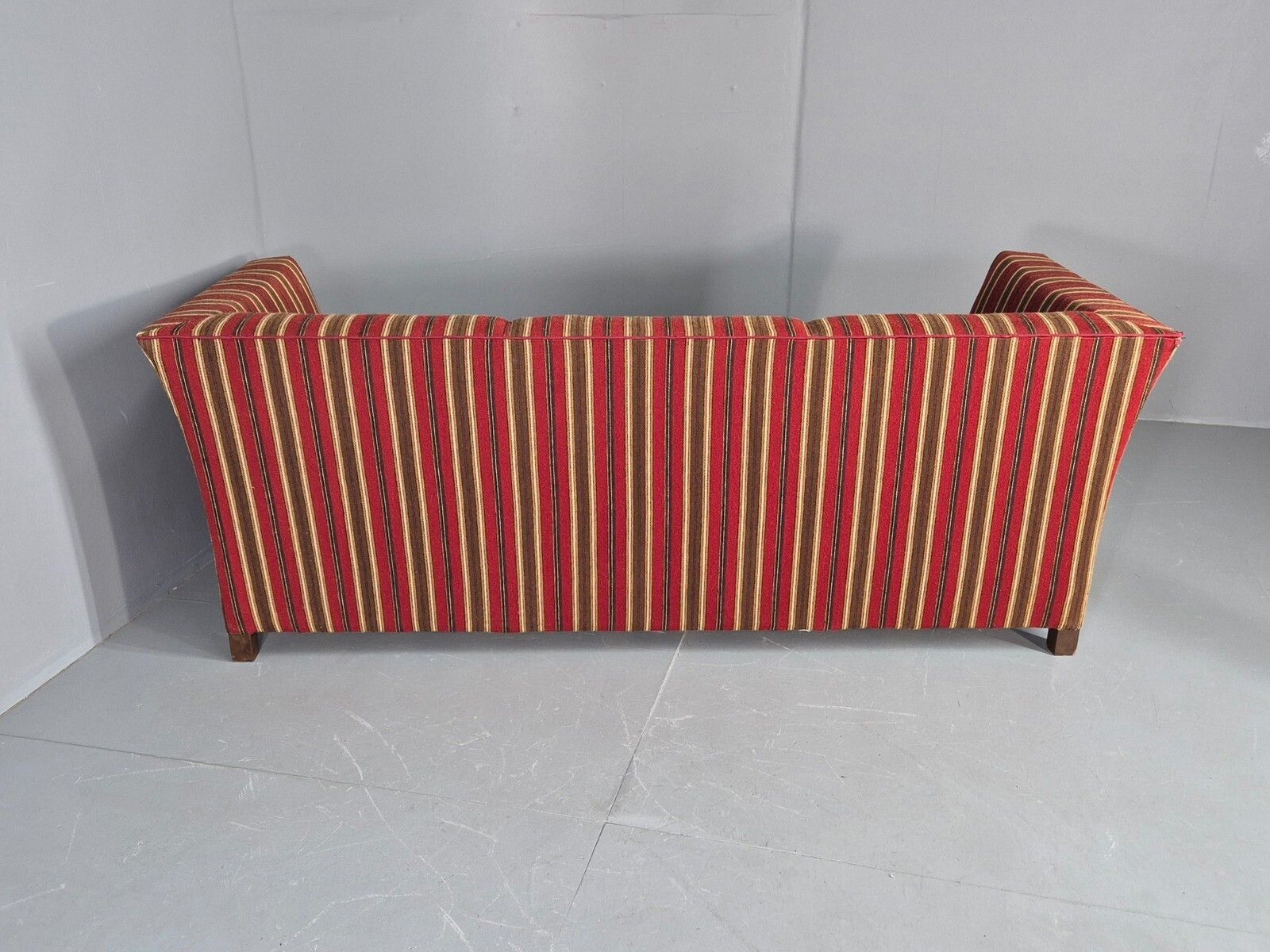 photo vintage Vintage Art Deco Danish 3 Seater Sofa Red Wool Stripe Upholstery