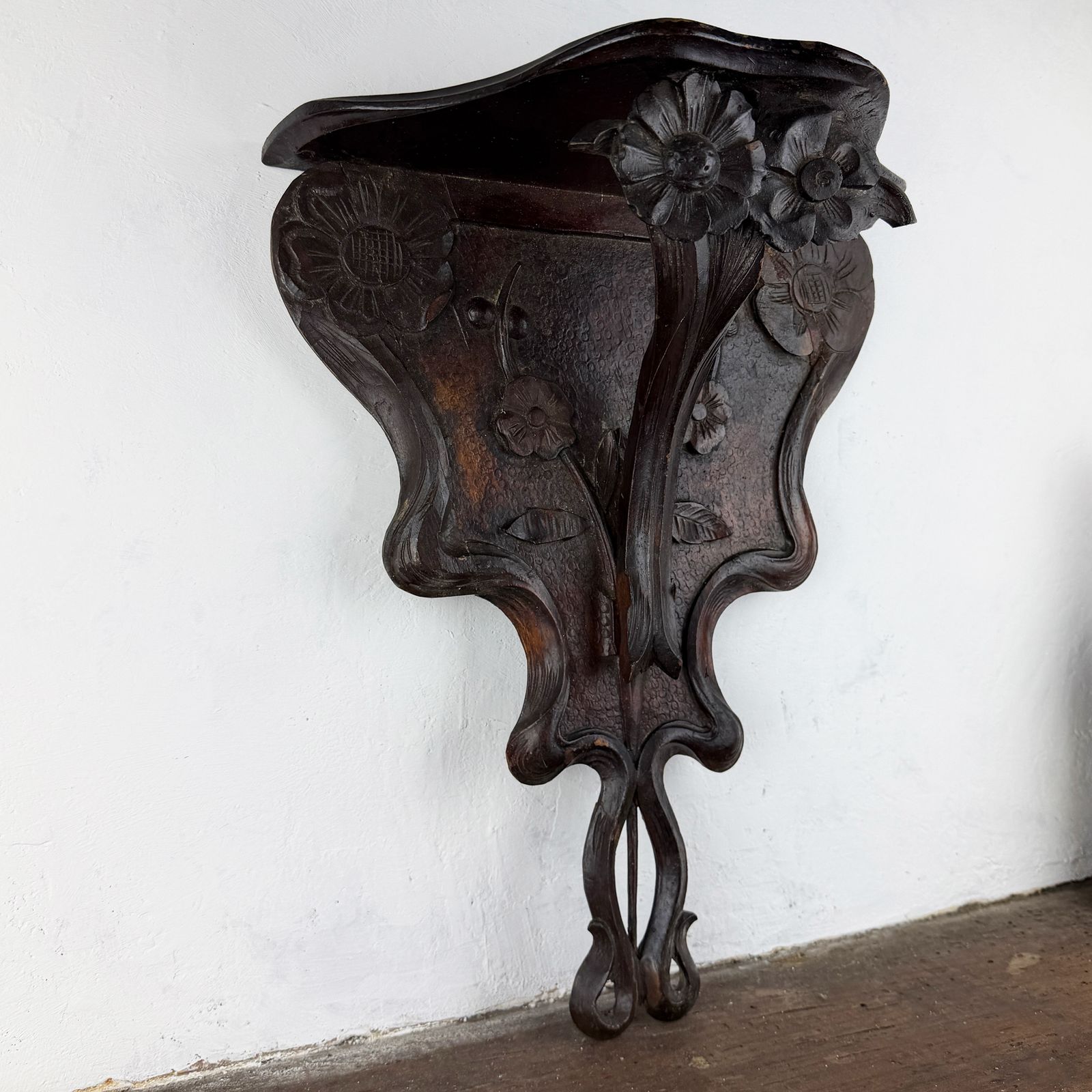 Art Nouveau Shelf, Italian Liberty Carved Wood Wall Bracket, Jugendstil photo for sale