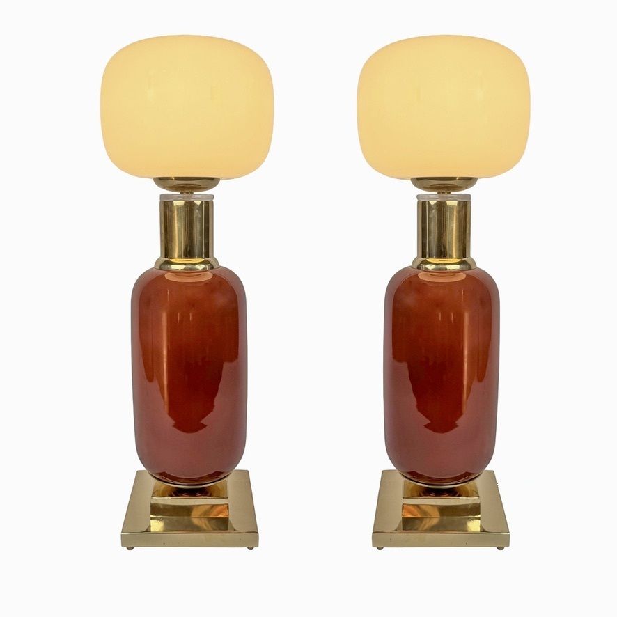 Late 20th Century Pair Of Brass And Murano Glass Tall Table Lamps