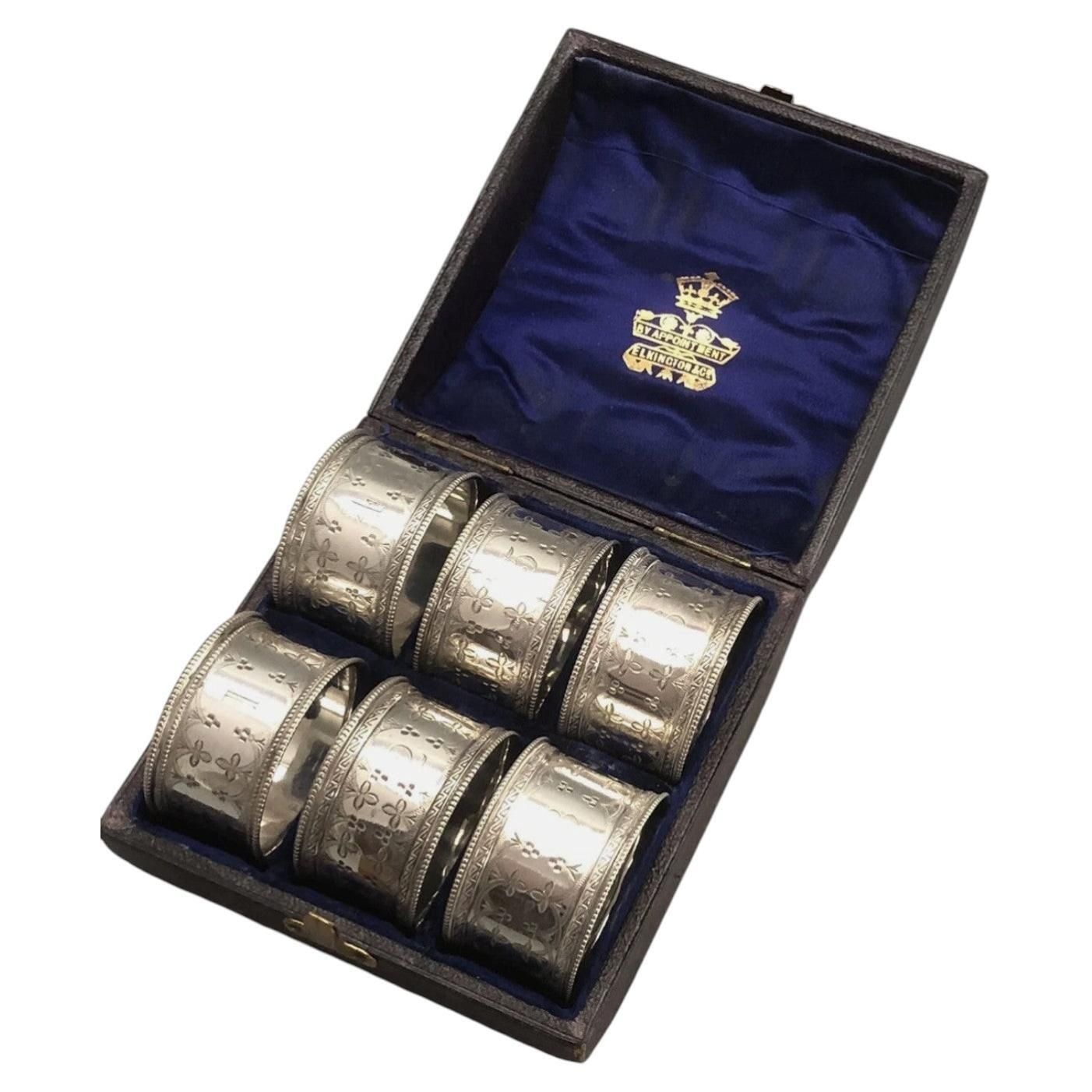 Antique English Silver Napkin Rings Set Of 6, Original Case Ornate Art Deco photo furniture