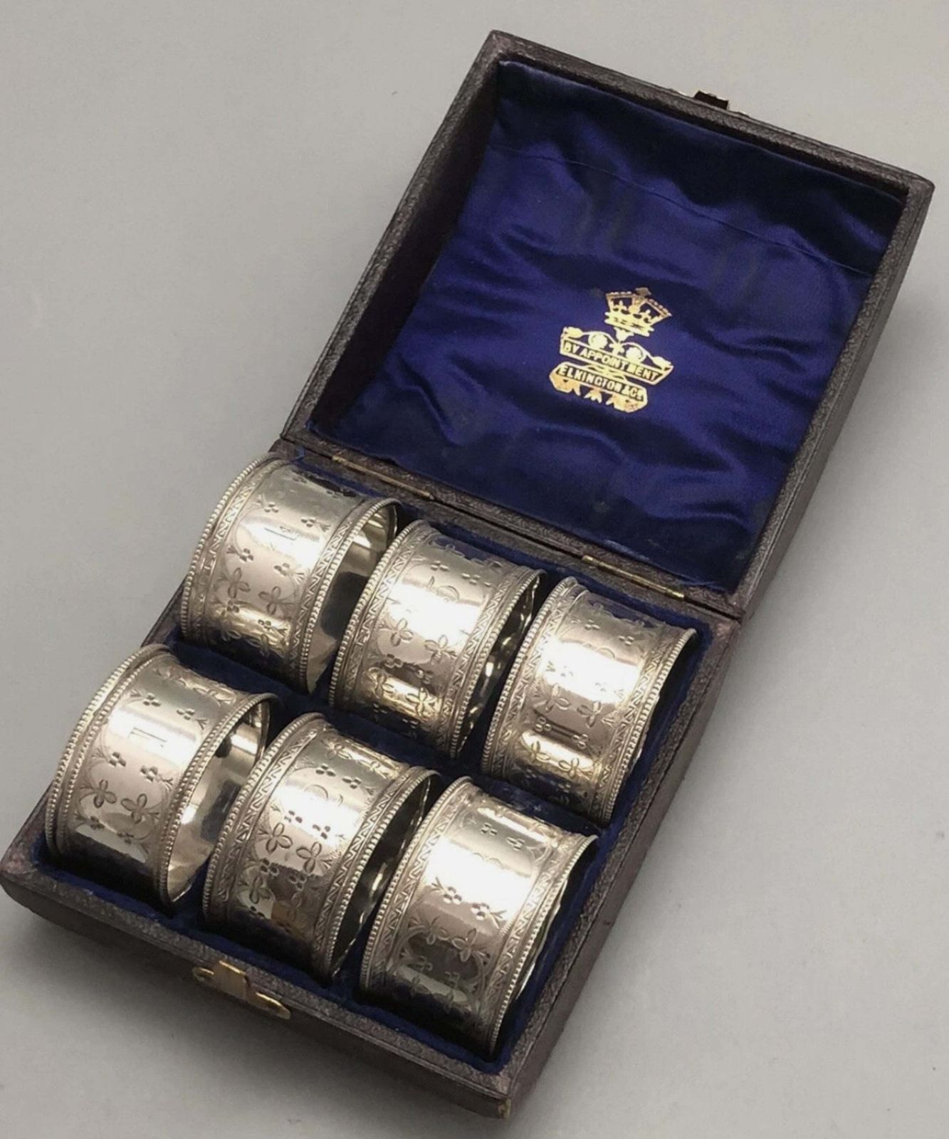 Antiek Engels zilveren servetringen set van 6, bijpassende etui, art deco photo for sale