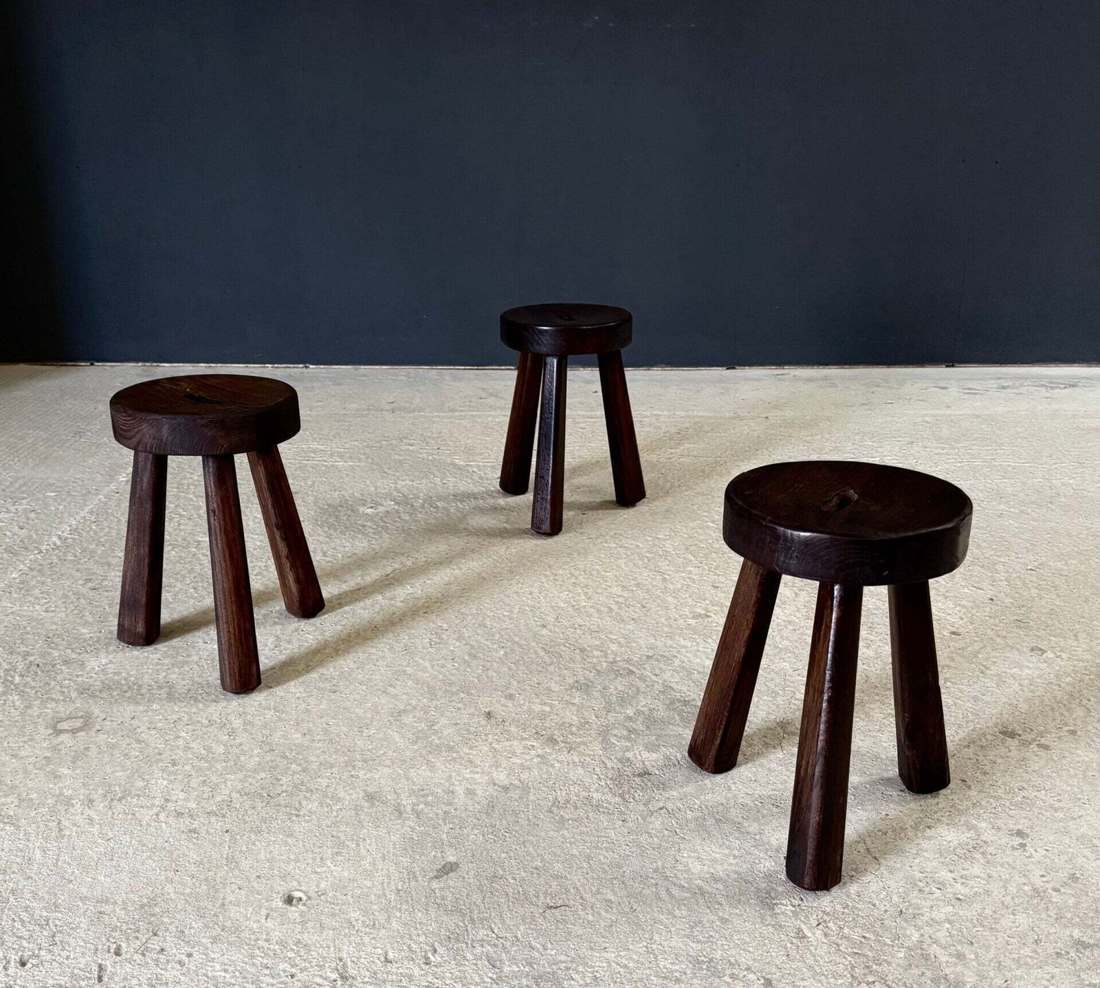 1950's Brutalist Design Handcrafted Tripod Stool Set photo furniture